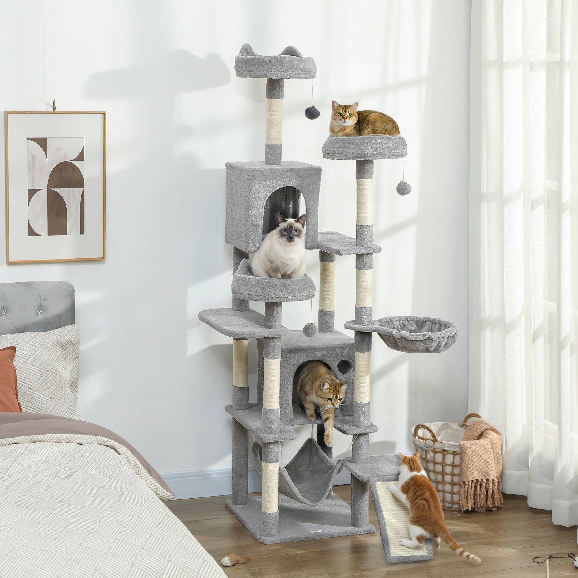 arbre à chat 2 hamacs 3 perchoirs 2 niches 3 plateformes chat intérieur 48x48x192 cm gris crème grand griffoir - Image 3