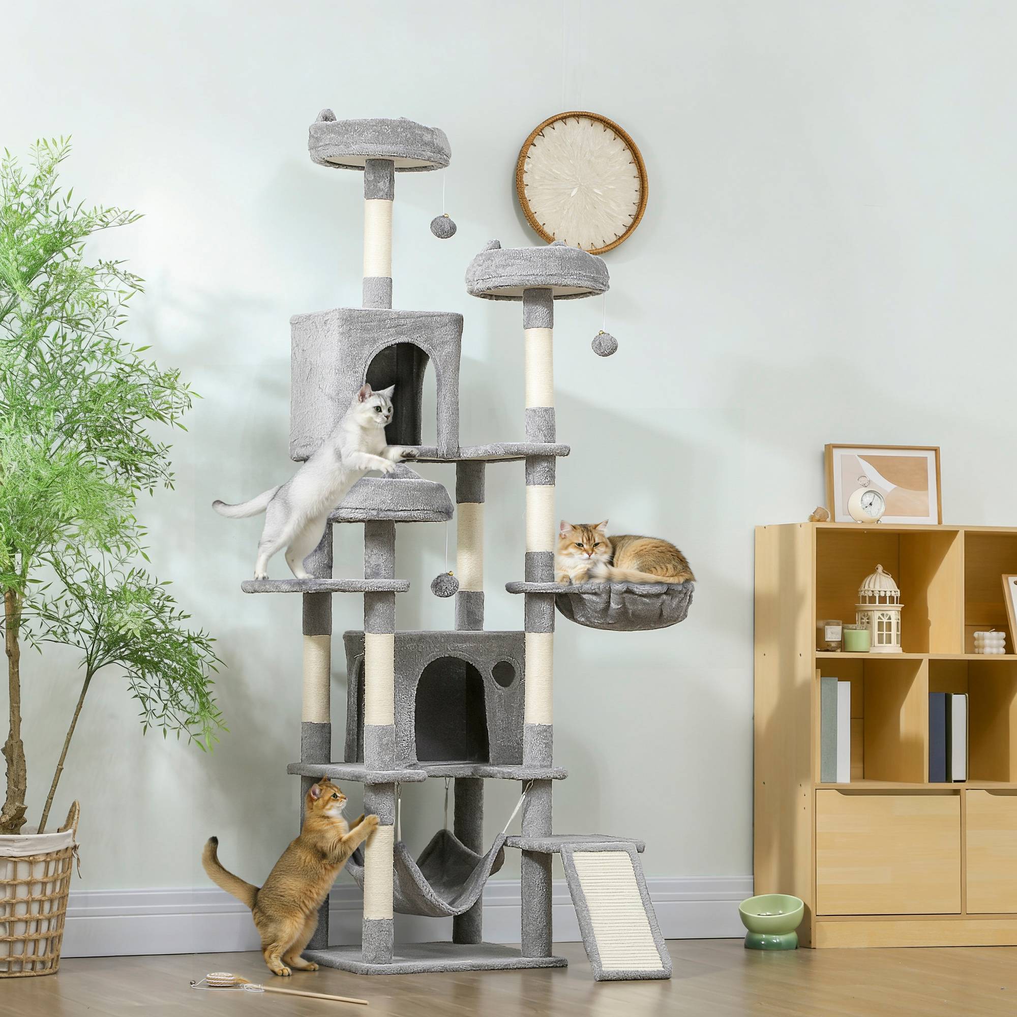 arbre à chat 2 hamacs 3 perchoirs 2 niches 3 plateformes chat intérieur 48x48x192 cm gris crème grand griffoir - Image 4
