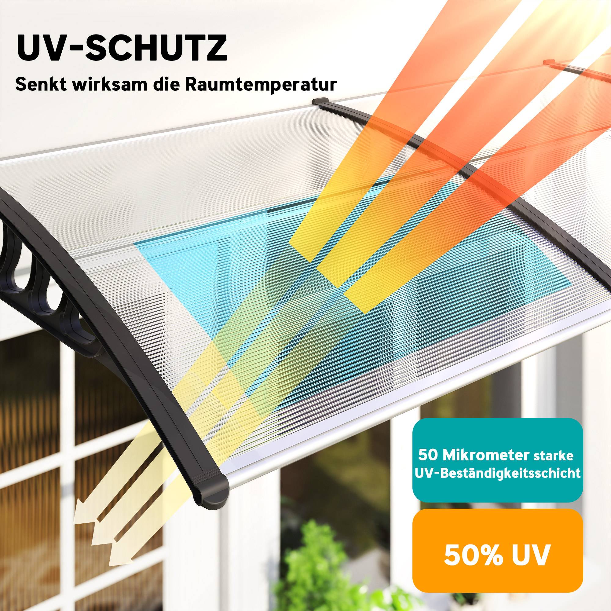 Auvent pour porte/fenêtre, résistant, transparent, barres alu/polycarbonate, 303x96x27 cm, noir - Image 6