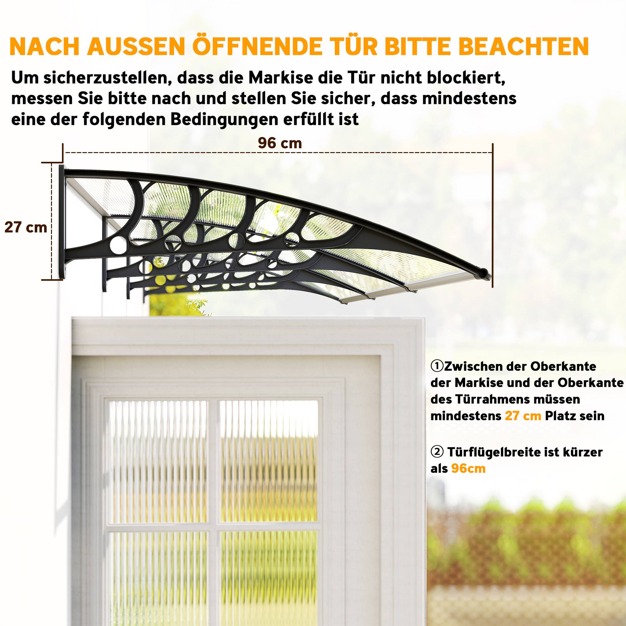 Auvent pour porte/fenêtre, résistant, transparent, barres alu/polycarbonate, 303x96x27 cm, noir - Image 9