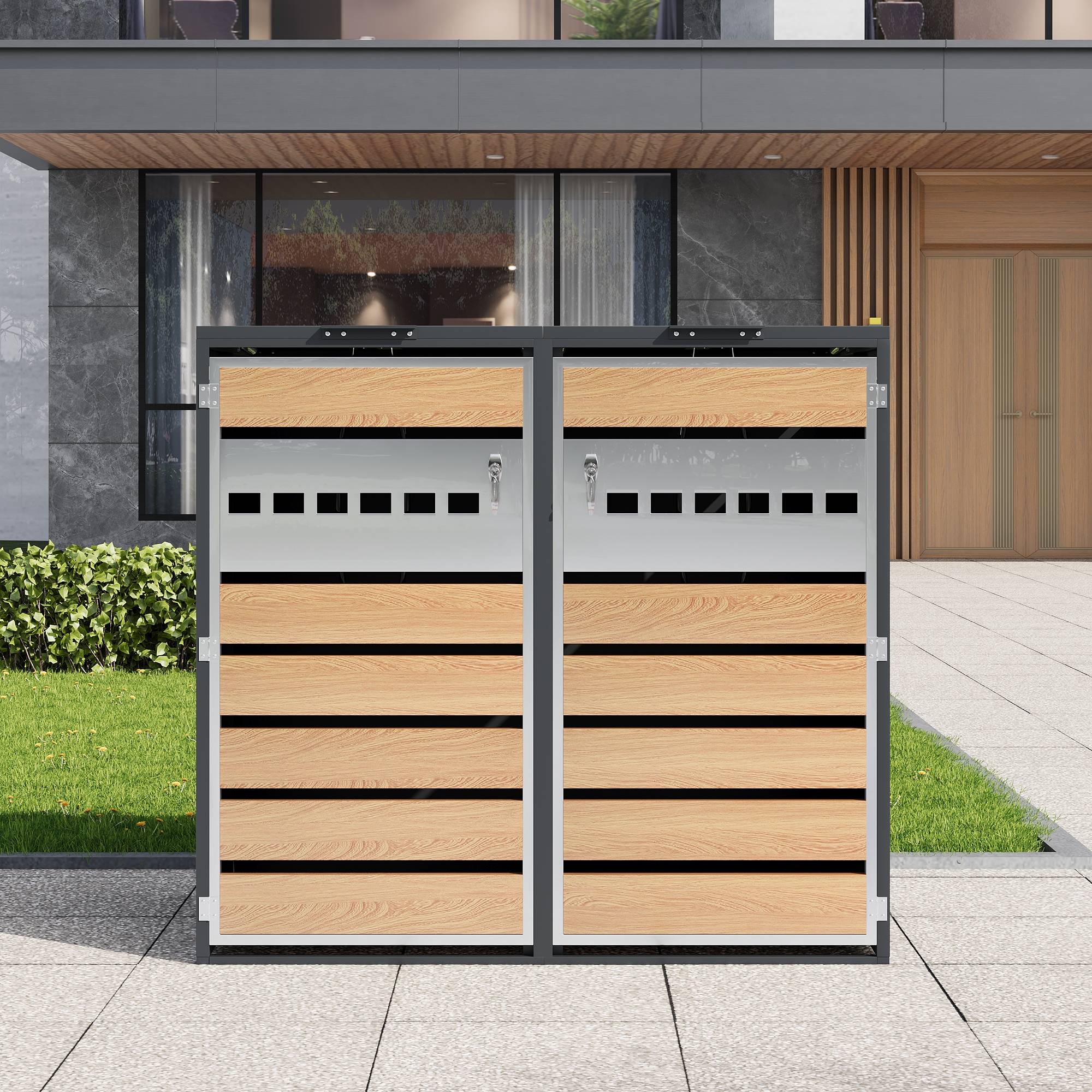 Mülltonnenbox avec bois imitation et compartiments séparés, 132 x 80 x 118,5 cm - PANGIVO - Image 5