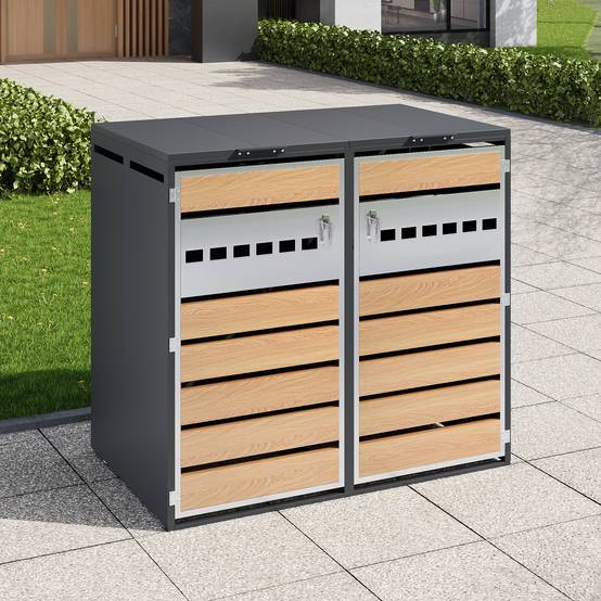 Mülltonnenbox avec bois imitation et compartiments séparés, 132 x 80 x 118,5 cm - PANGIVO - Image 2