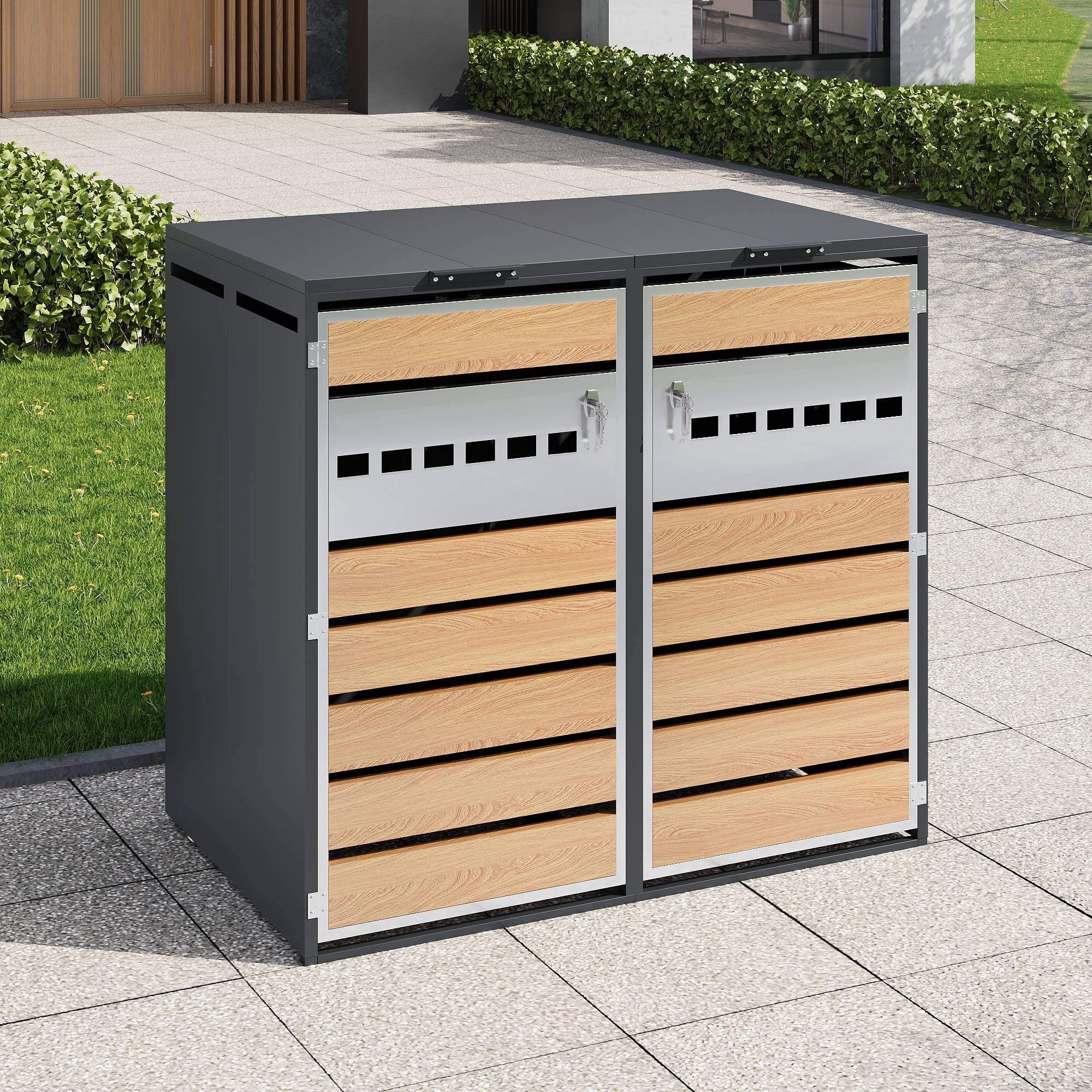Mülltonnenbox avec bois imitation et compartiments séparés, 132 x 80 x 118,5 cm - PANGIVO - Image 2