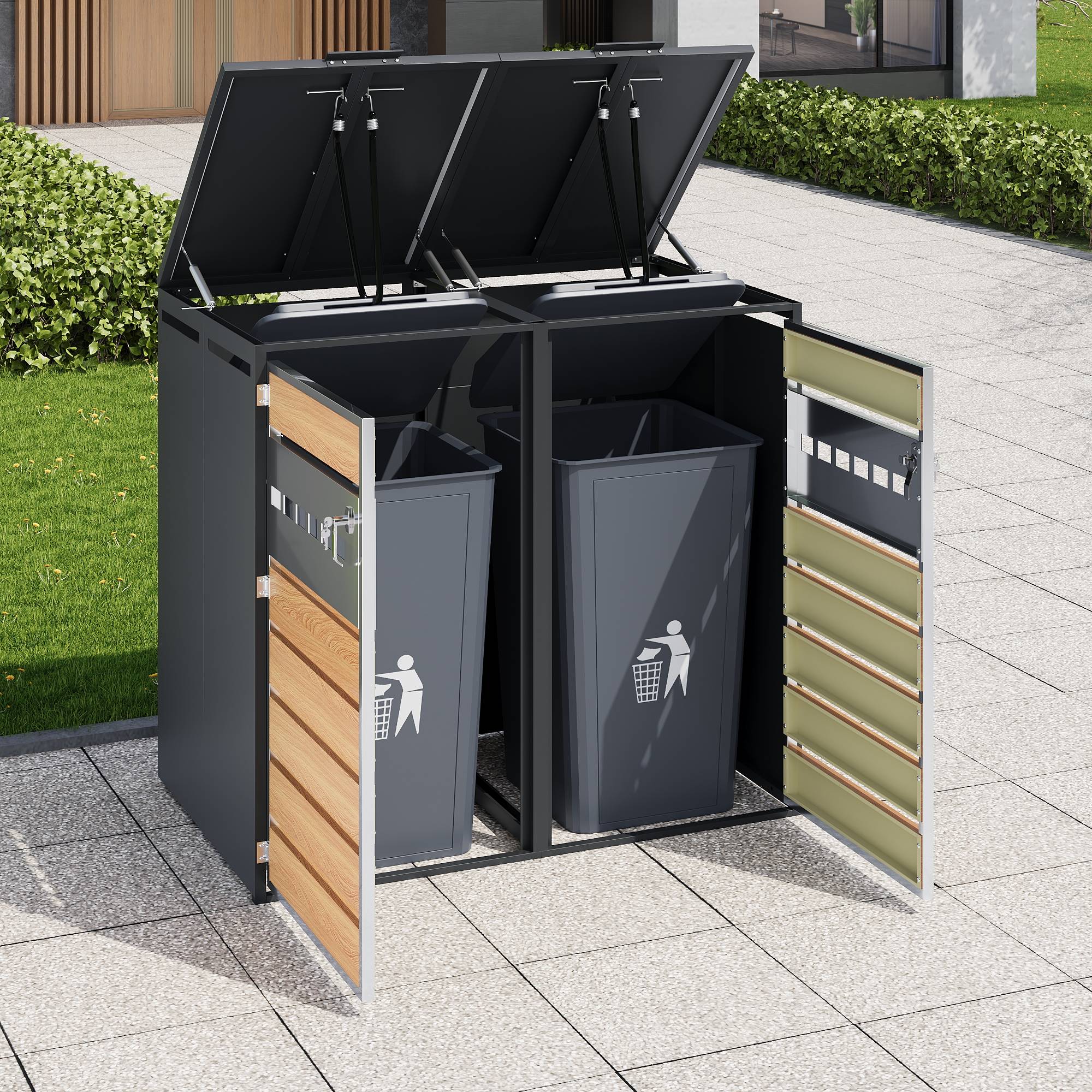 Mülltonnenbox avec bois imitation et compartiments séparés, 132 x 80 x 118,5 cm - PANGIVO - Image 3