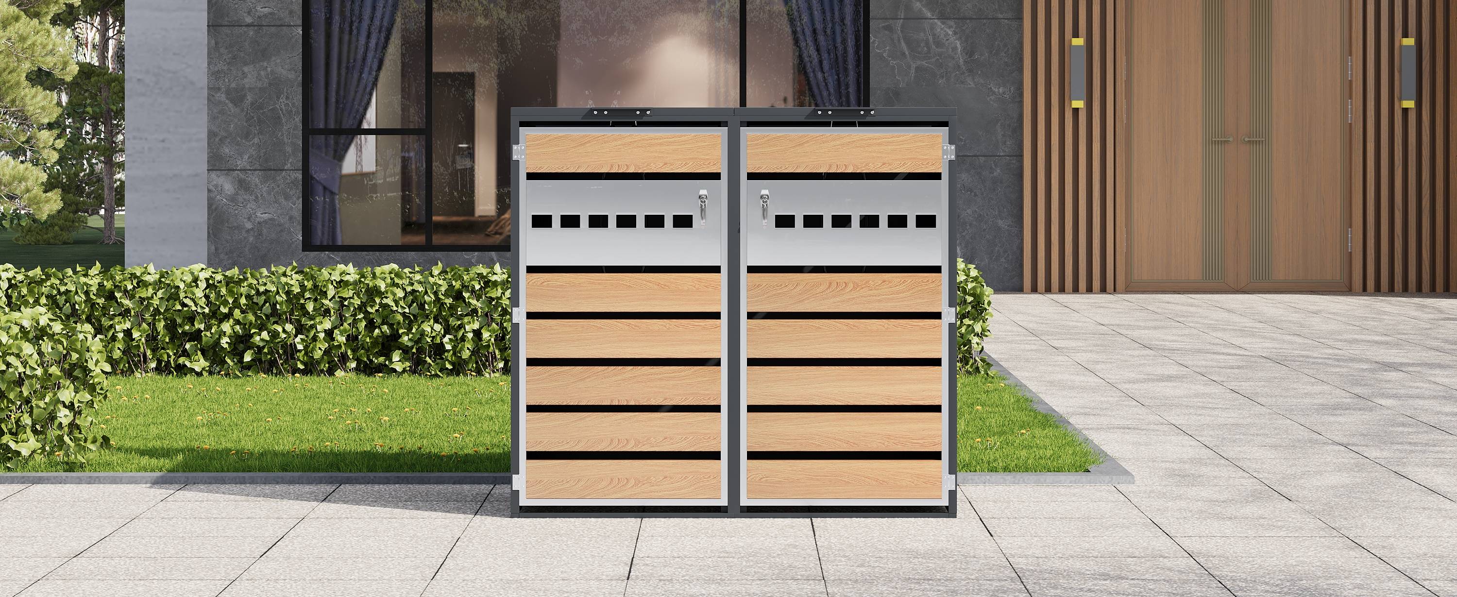 Mülltonnenbox avec bois imitation et compartiments séparés, 132 x 80 x 118,5 cm - PANGIVO - Image 6