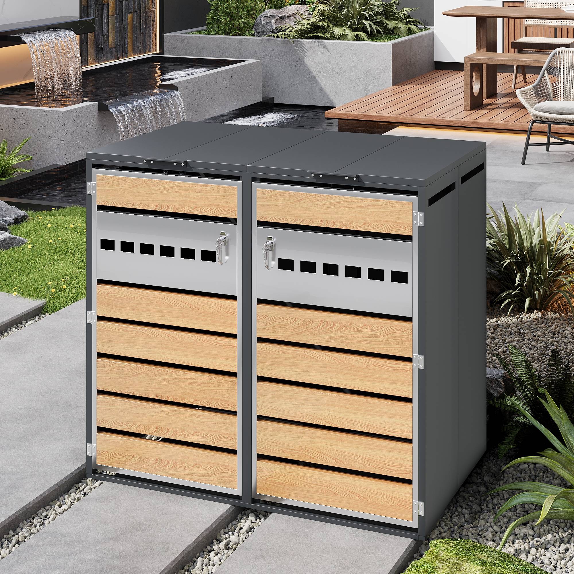 Mülltonnenbox avec bois imitation et compartiments séparés, 132 x 80 x 118,5 cm - PANGIVO - Image 10