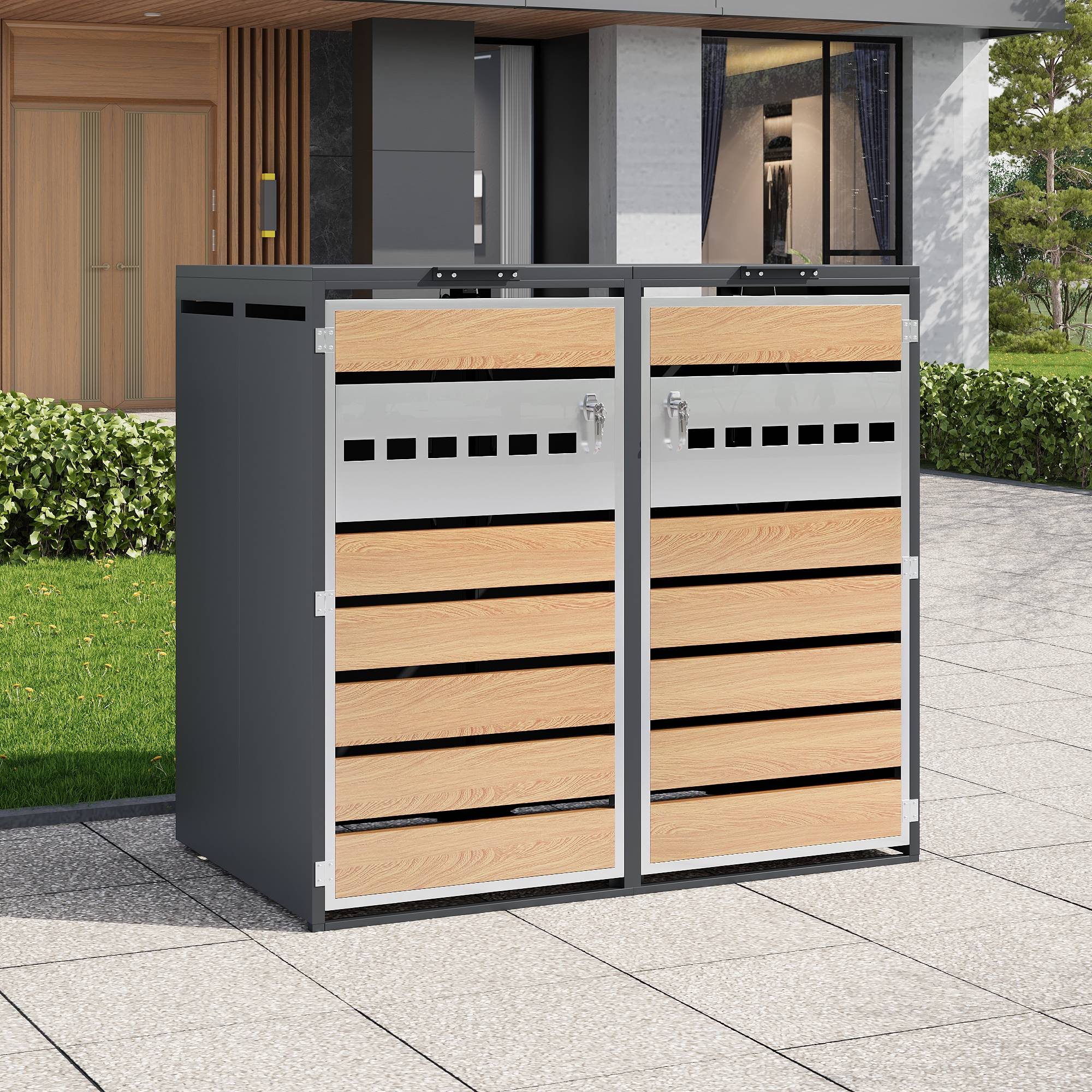 Mülltonnenbox avec bois imitation et compartiments séparés, 132 x 80 x 118,5 cm - PANGIVO