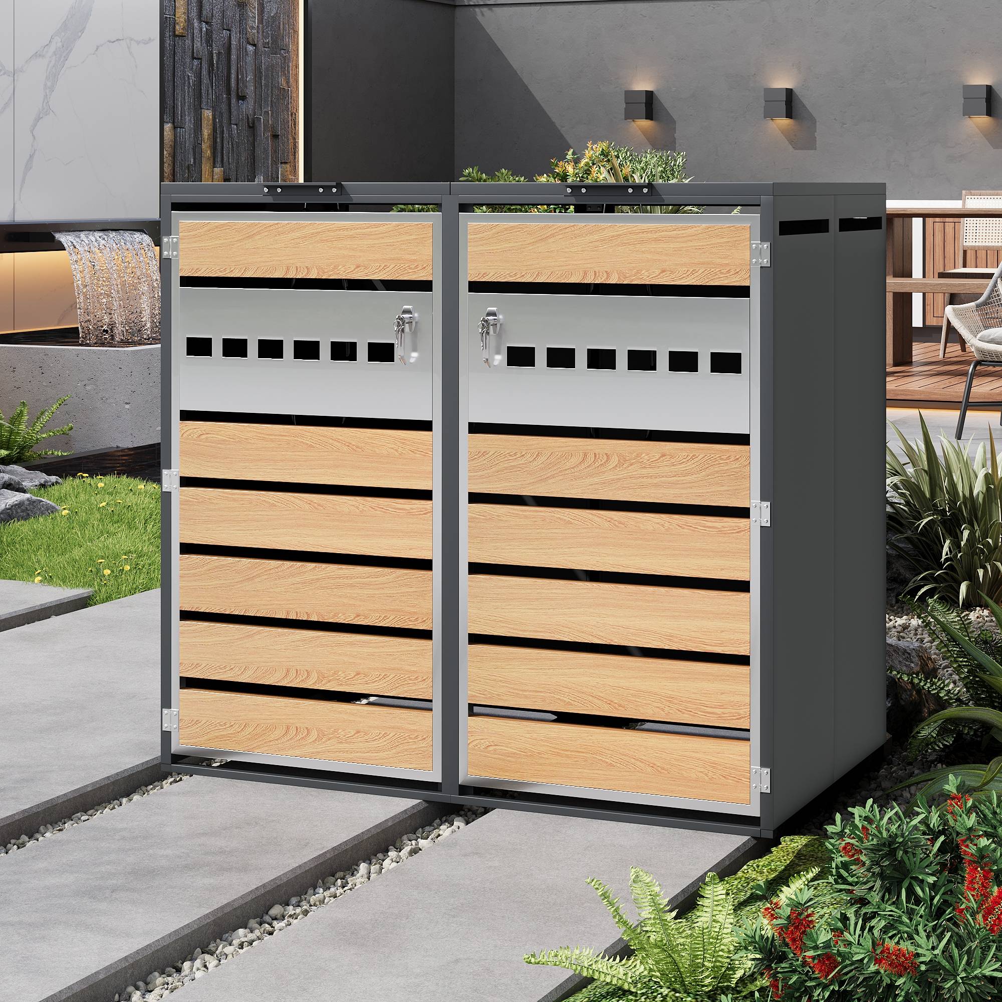 Mülltonnenbox avec bois imitation et compartiments séparés, 132 x 80 x 118,5 cm - PANGIVO - Image 9