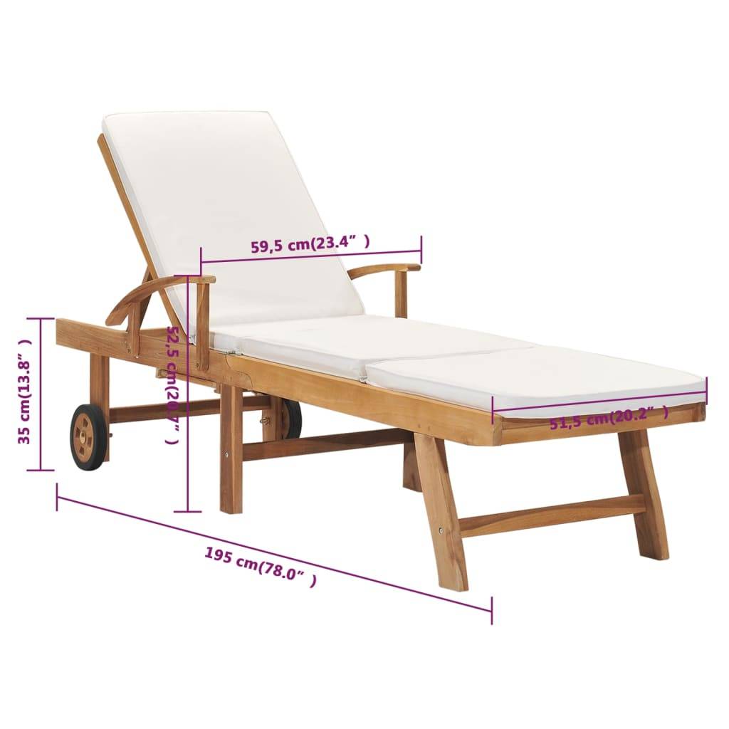 Helloshop26 - Transat chaise longue bain de soleil lit de jardin terrasse meuble d'extérieur 195 cm avec coussin bois de teck solide crème - Image 9