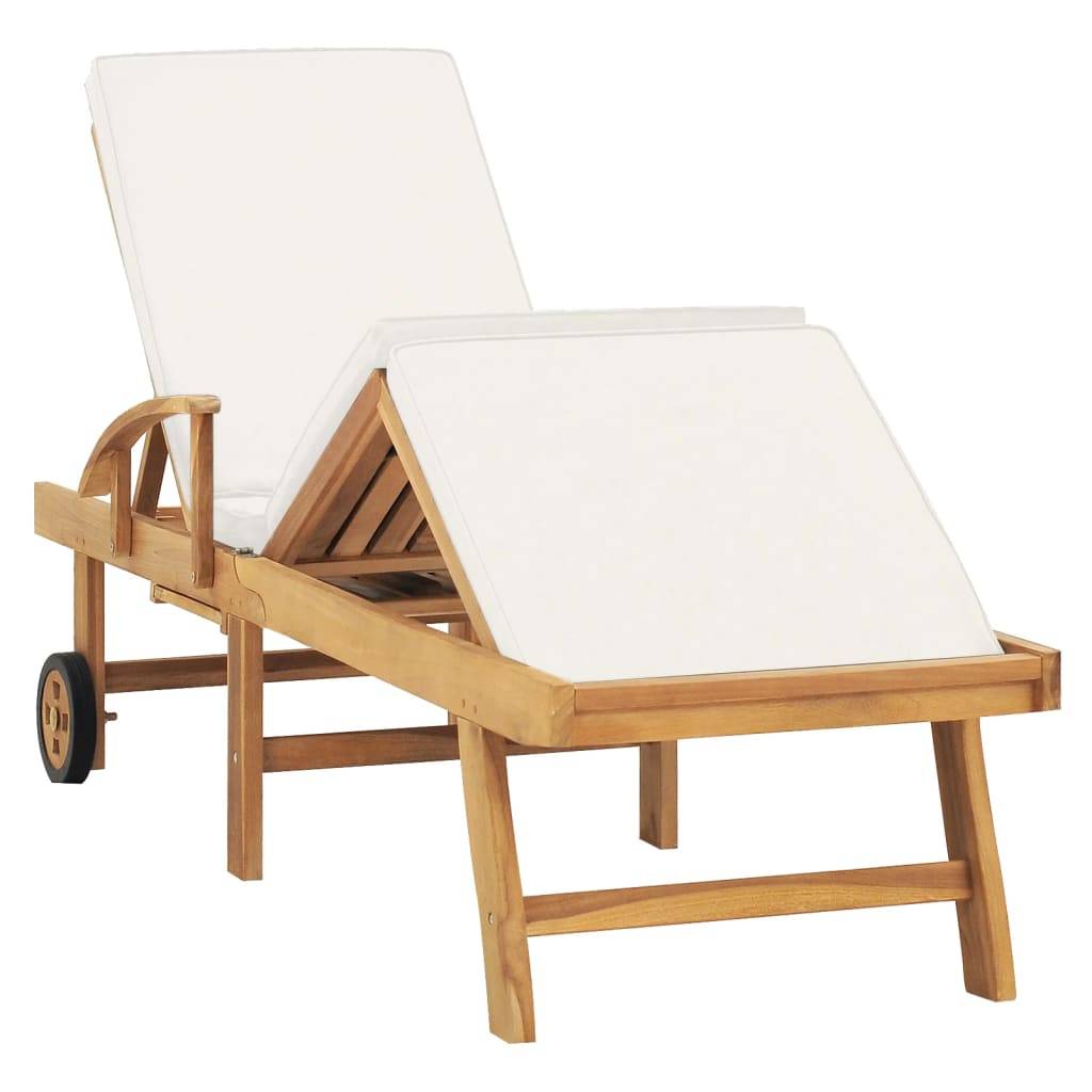 Helloshop26 - Transat chaise longue bain de soleil lit de jardin terrasse meuble d'extérieur 195 cm avec coussin bois de teck solide crème - Image 2
