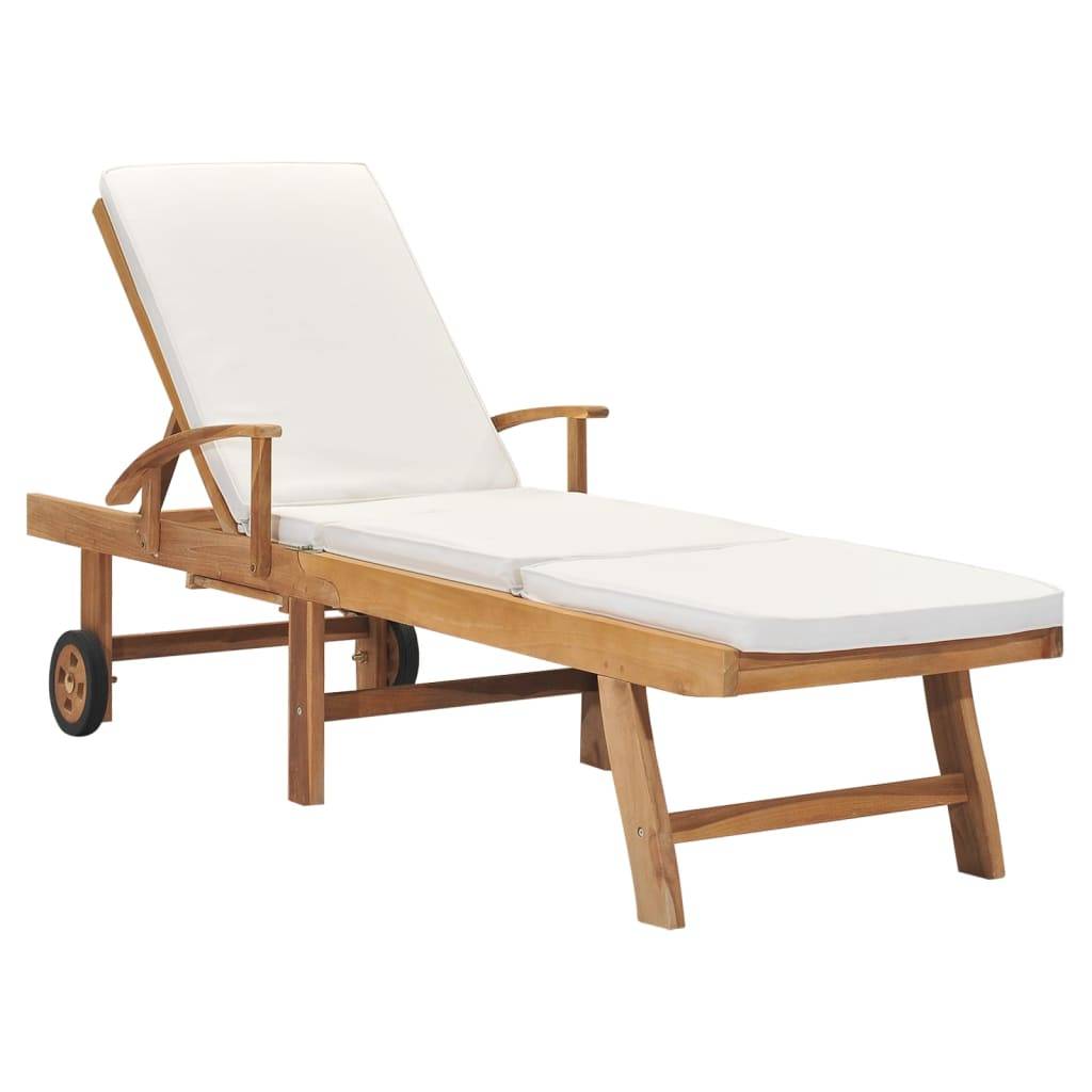 Helloshop26 - Transat chaise longue bain de soleil lit de jardin terrasse meuble d'extérieur 195 cm avec coussin bois de teck solide crème - Image 1