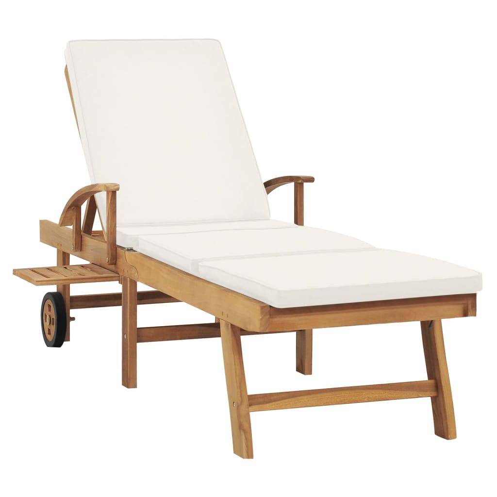 Helloshop26 - Transat chaise longue bain de soleil lit de jardin terrasse meuble d'extérieur 195 cm avec coussin bois de teck solide crème - Image 3