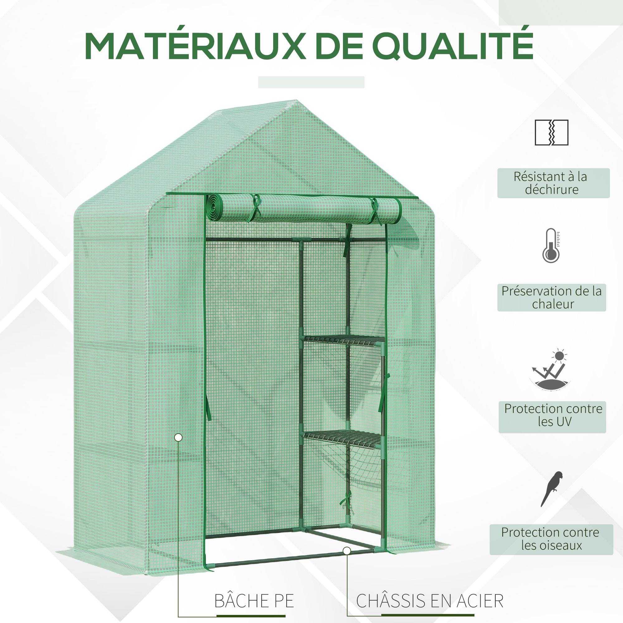 Sans Marque - Serre de Jardin avec Étagères 3 Niveaux, Petite Serre de Balcon en Bâche PE 140 g/㎡ Renforcée 141 x 72 x 191 cm, Vert - Image 6