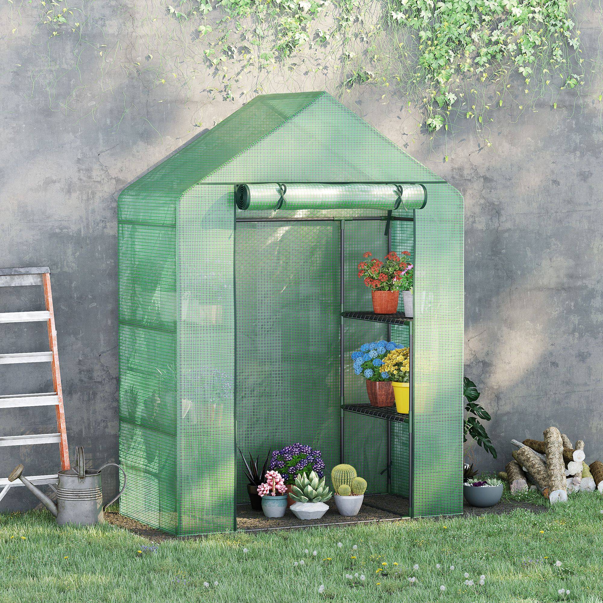Sans Marque - Serre de Jardin avec Étagères 3 Niveaux, Petite Serre de Balcon en Bâche PE 140 g/㎡ Renforcée 141 x 72 x 191 cm, Vert - Image 3