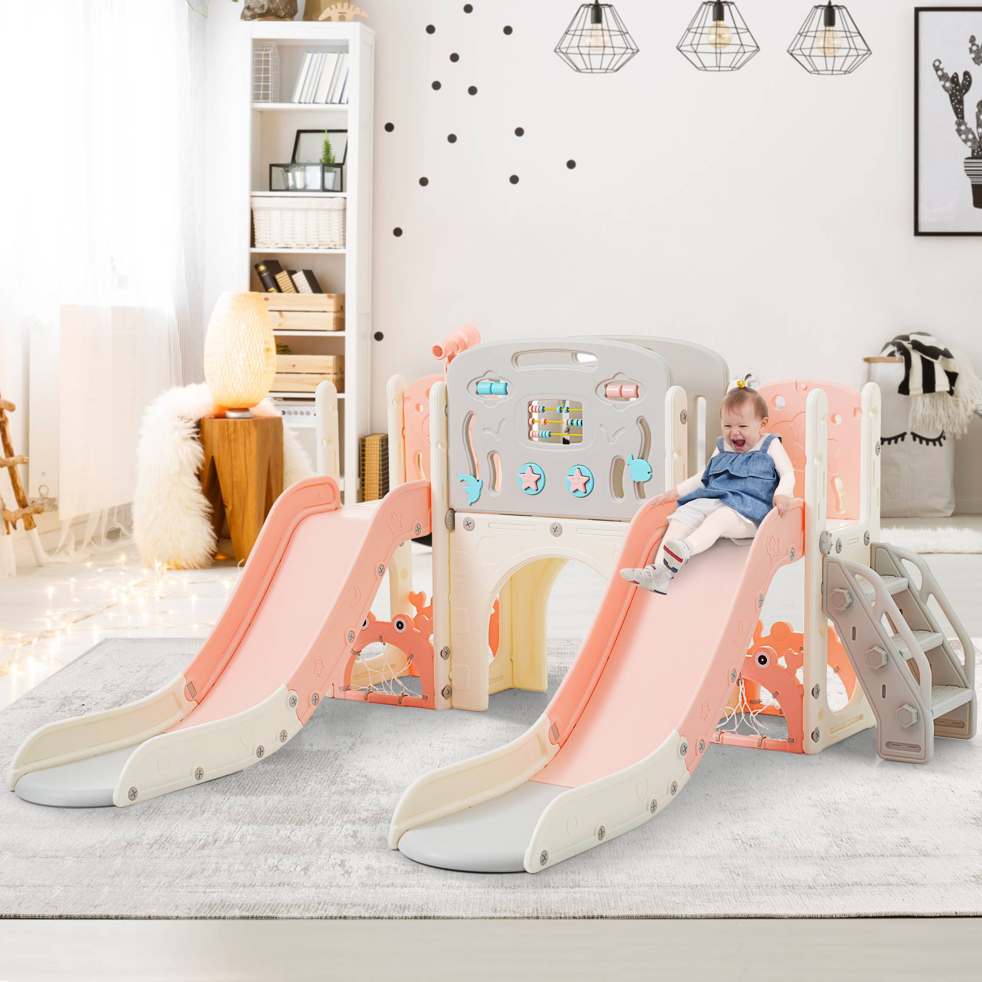 Toboggan enfant 5 en 1 pour Extérieur ou Intérieur avec Échelle, Panier Toboggan enfant 5 en 1 pour Extérieur ou Intérieur avec Échelle, Panier