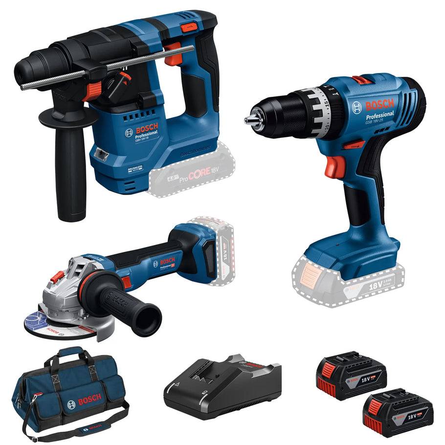 Bosch Professional - COMBO KIT 3 OUTILS : Perceuse Visseuse à percussions sans fil GSB 18V-25 + Marteau perforateur sans fil GBH 18V-18 + Meuleuse angulaire sans fil GWS 1 - Image 1