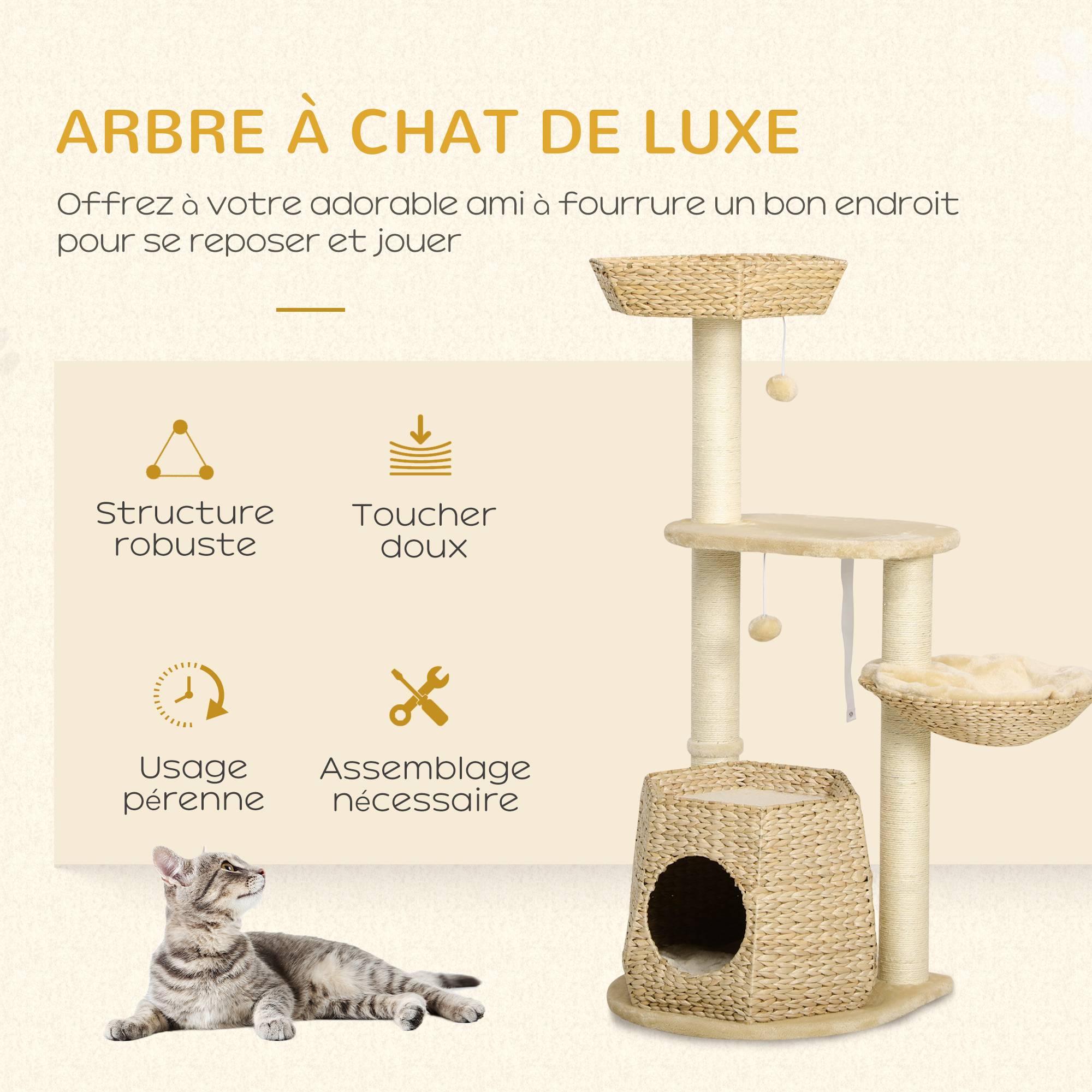 Arbre à chat sisal et peluche naturel 50 x 50 x 119 cm - PANGIVO - Image 6