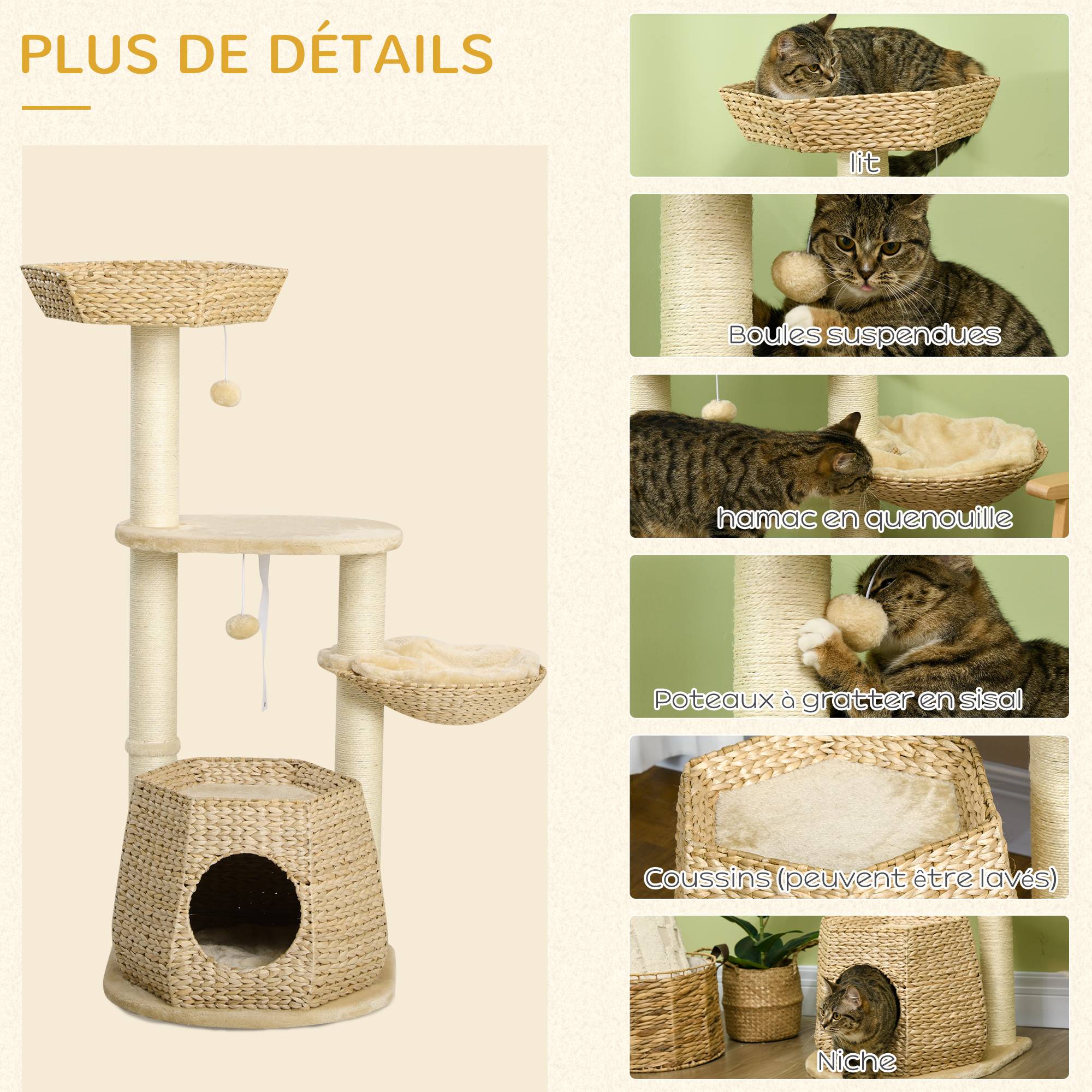 Arbre à chat sisal et peluche naturel 50 x 50 x 119 cm - PANGIVO - Image 7