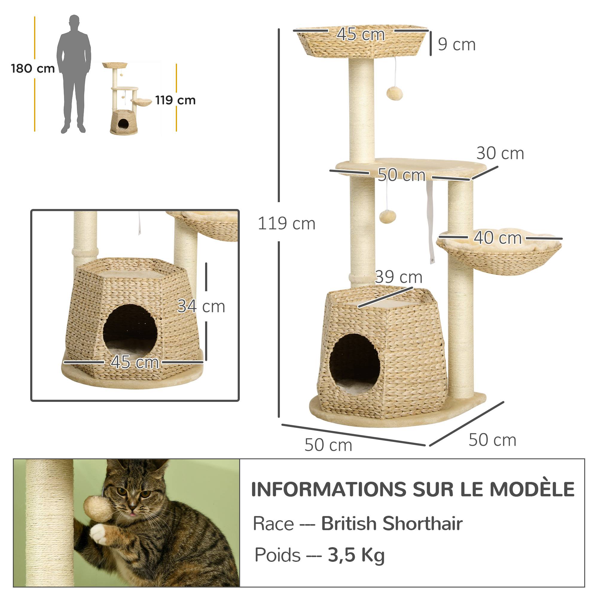 Arbre à chat sisal et peluche naturel 50 x 50 x 119 cm - PANGIVO - Image 5