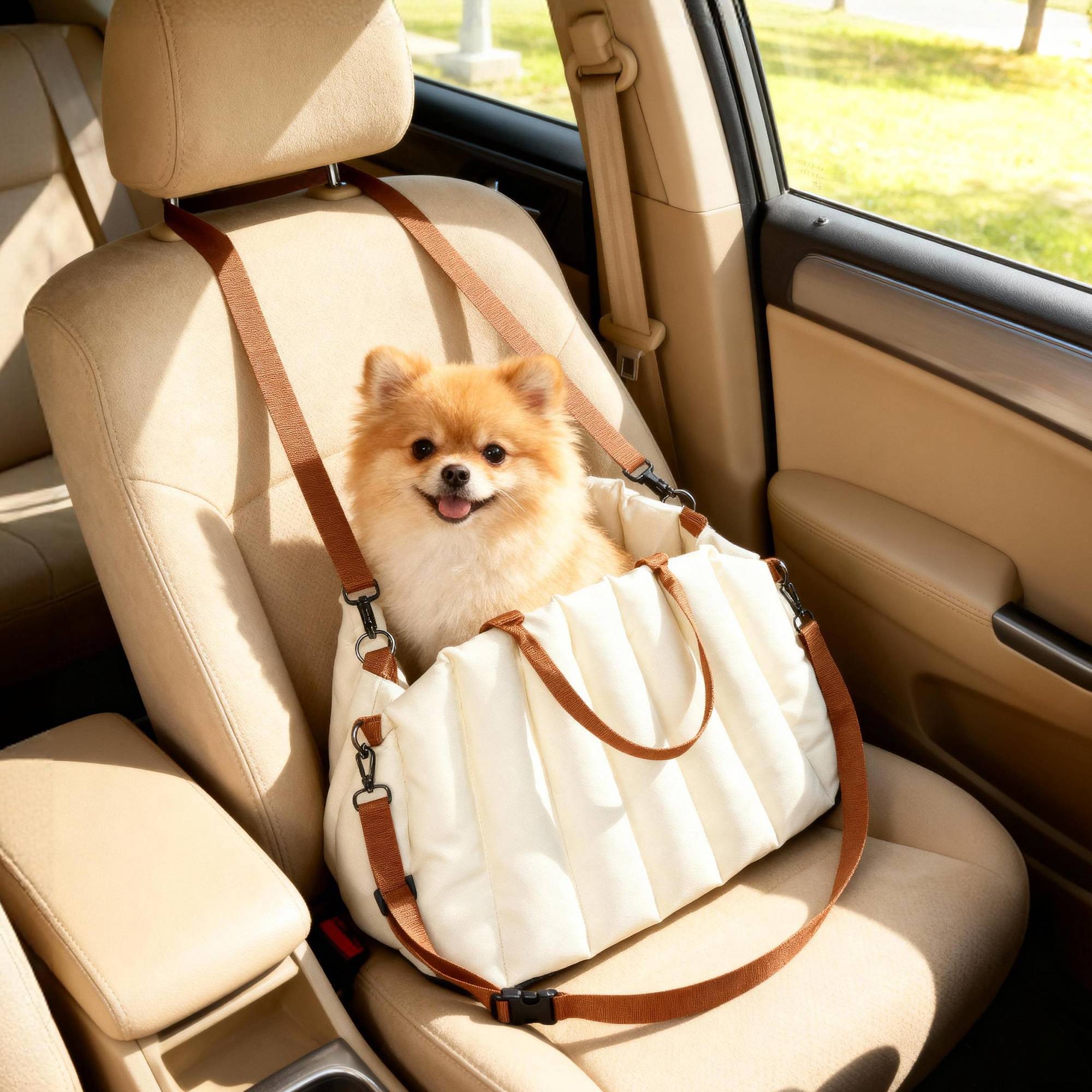 Siège auto chien Oxford velours voyage transport sac 2-en-1 lavable 50x30x31cm Crème - ComfortXL Outdoor Living - Image 3