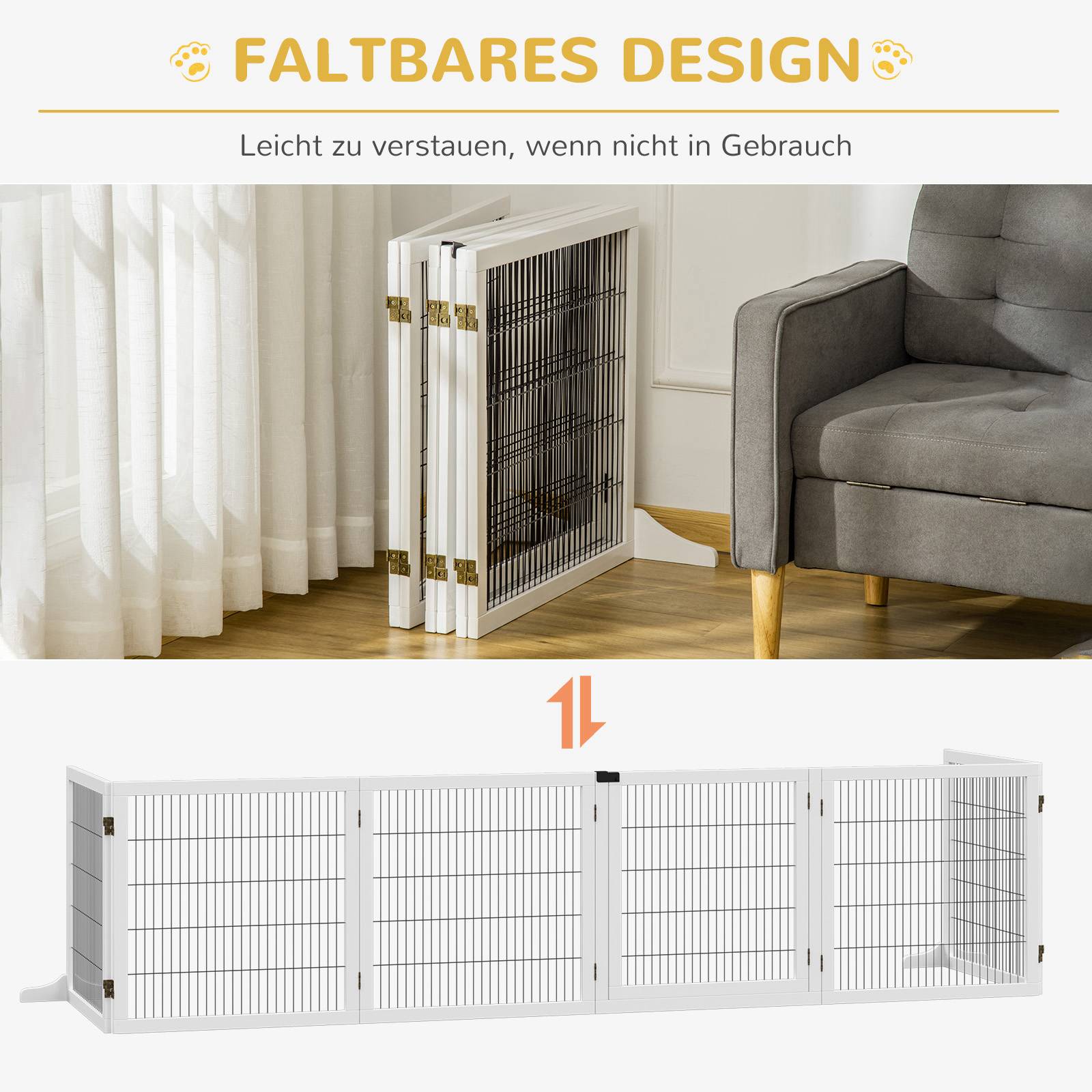 Barrière pour chien, pliable, 432 x 36 x 70 cm, pin, blanc - Image 8