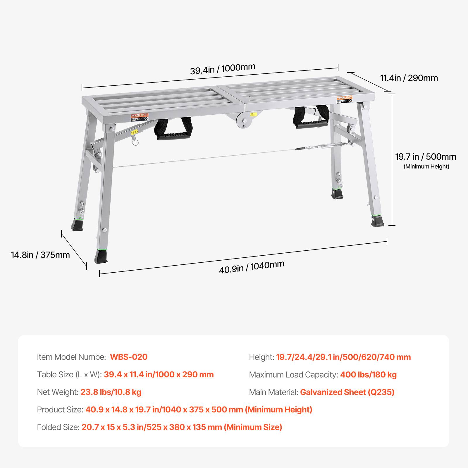VEVOR Plateforme travail échafaudage pliant, hauteurs 500-740 mm, charge 180 kg. Acier allié. - Image 7