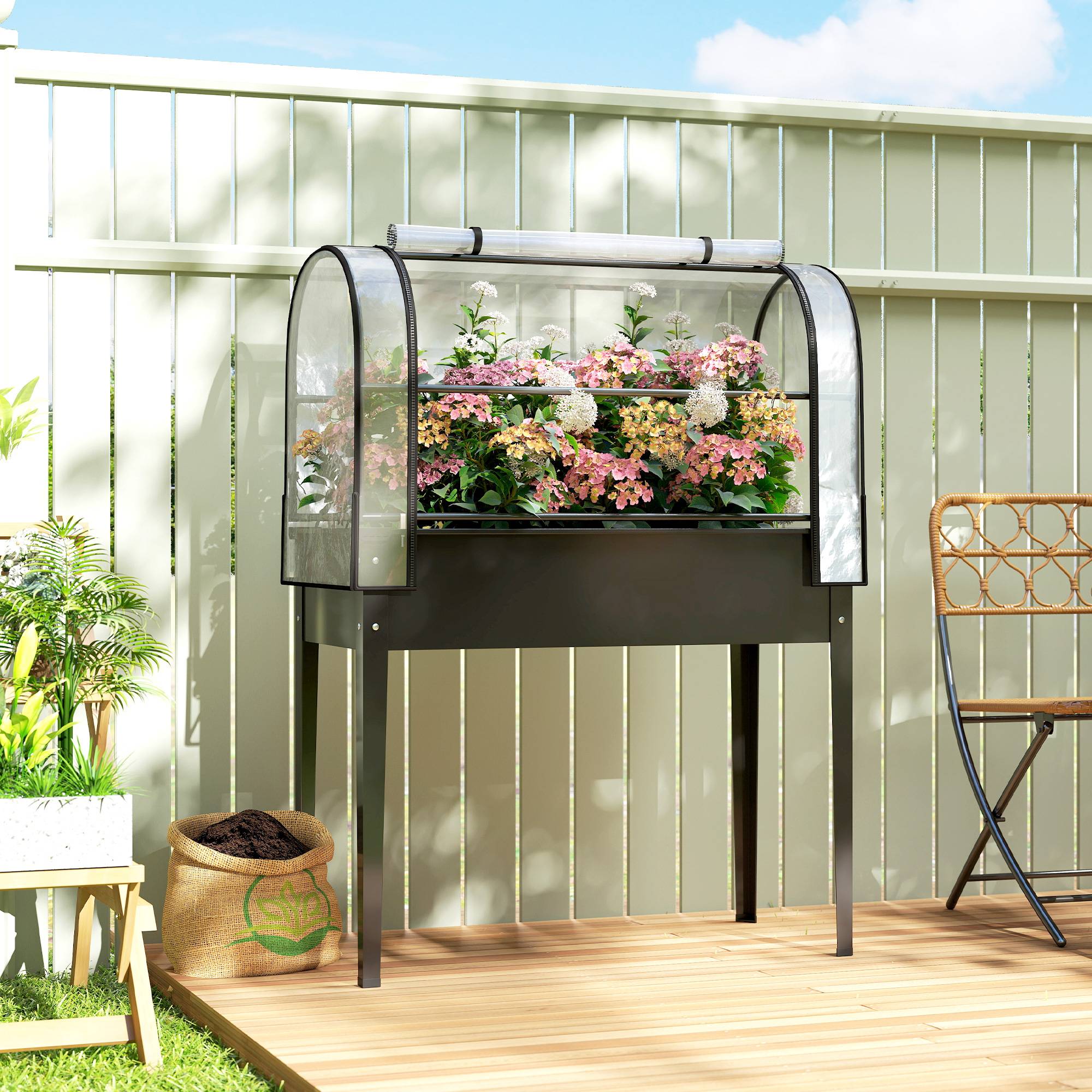 Potager sur Pieds avec Serre Rabattable, Jardinière Surélevée en Métal avec Trou de Drainage, 100 x 49 x 136 noir - Image 3