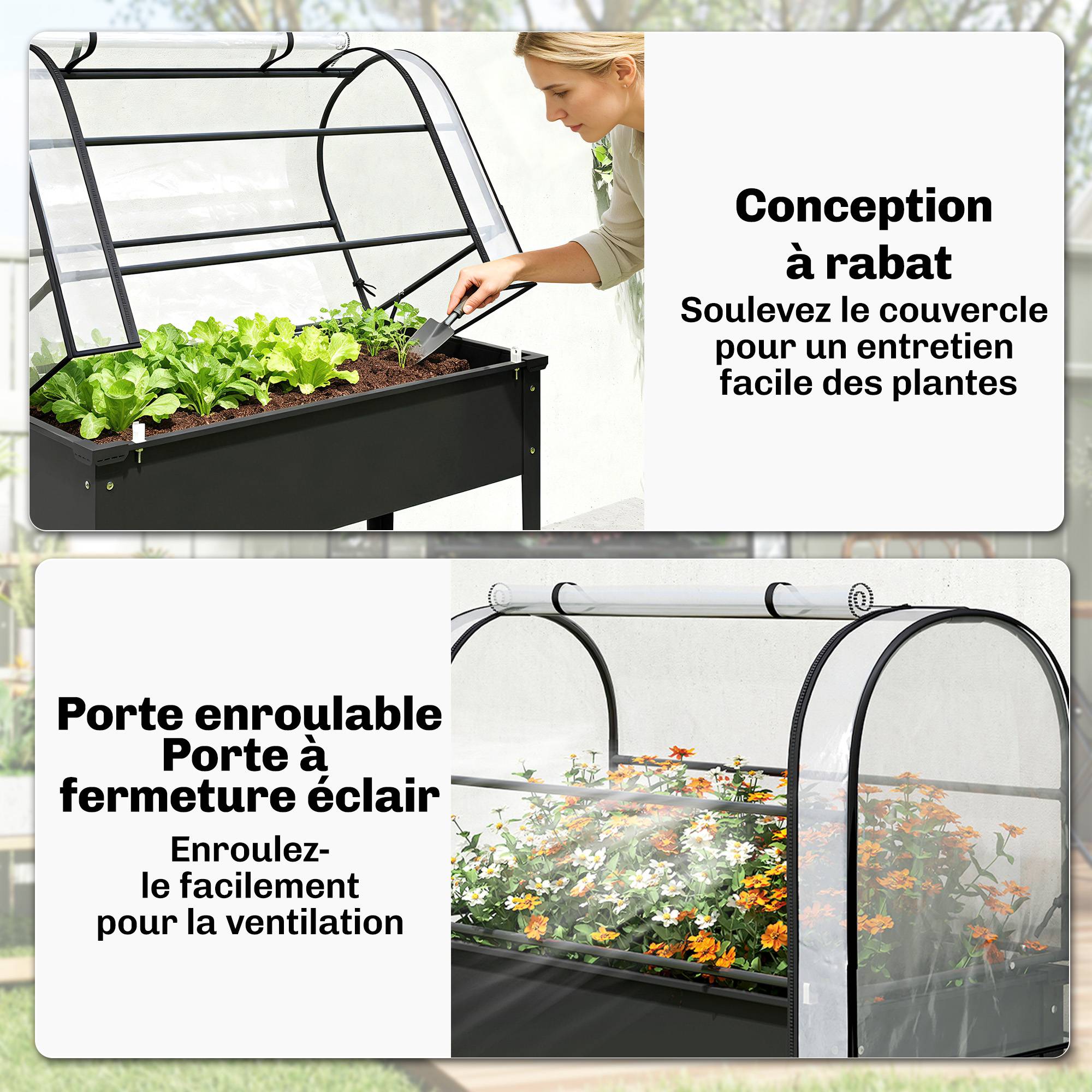 Potager sur Pieds avec Serre Rabattable, Jardinière Surélevée en Métal avec Trou de Drainage, 100 x 49 x 136 noir - Image 8