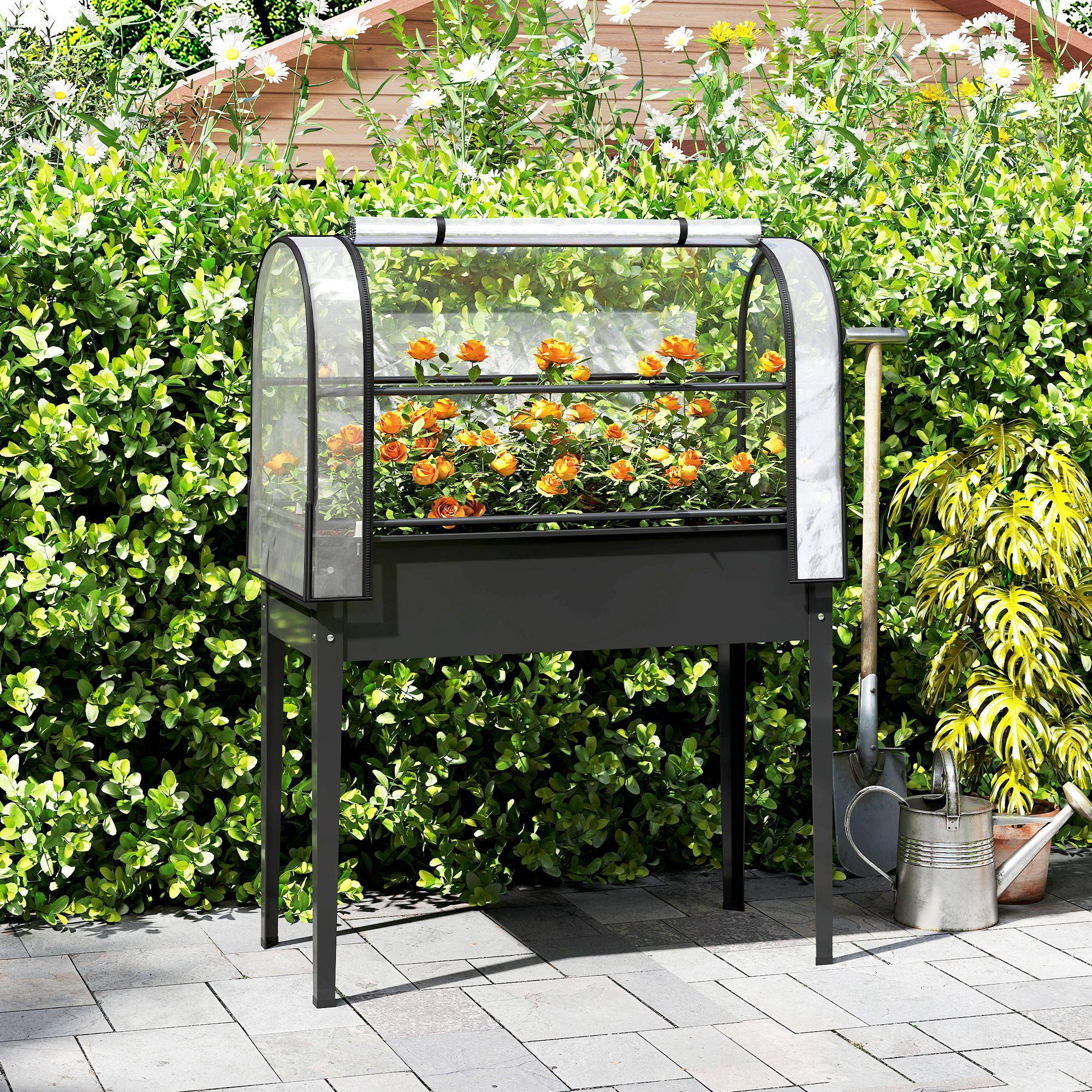 Potager sur Pieds avec Serre Rabattable, Jardinière Surélevée en Métal avec Trou de Drainage, 100 x 49 x 136 noir - Image 4