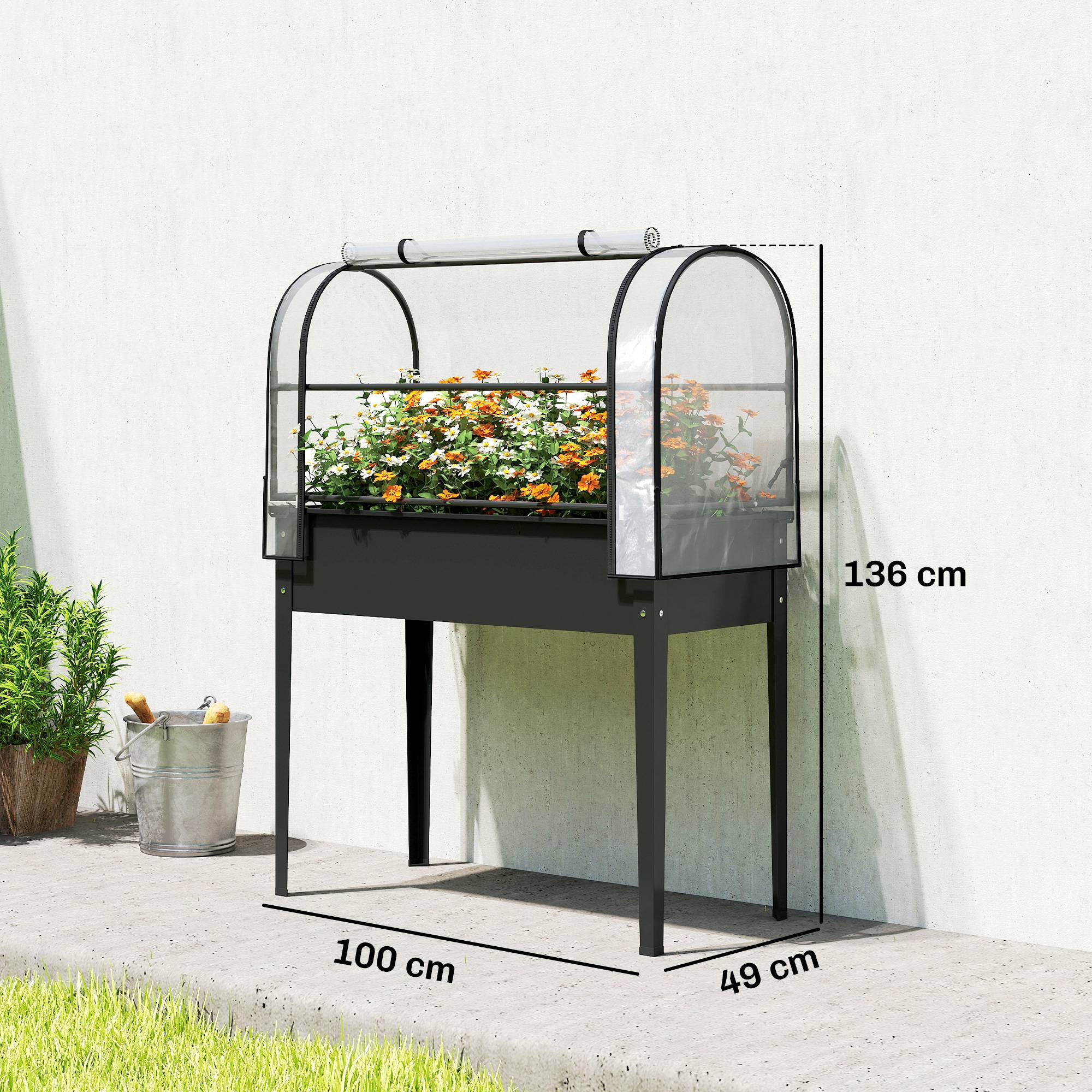 Potager sur Pieds avec Serre Rabattable, Jardinière Surélevée en Métal avec Trou de Drainage, 100 x 49 x 136 noir - Image 5