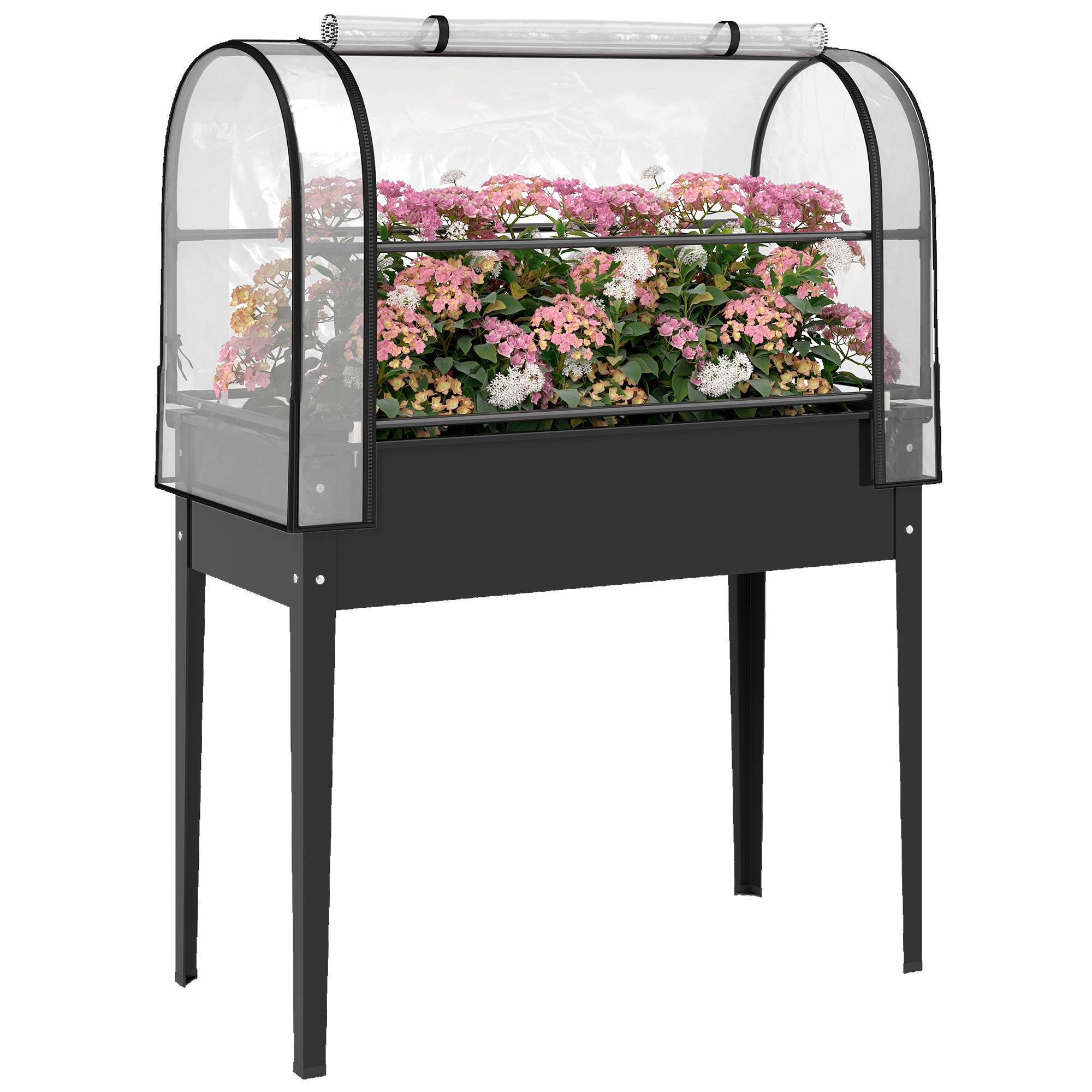 Potager sur Pieds avec Serre Rabattable, Jardinière Surélevée en Métal avec Trou de Drainage, 100 x 49 x 136 noir - Image 1