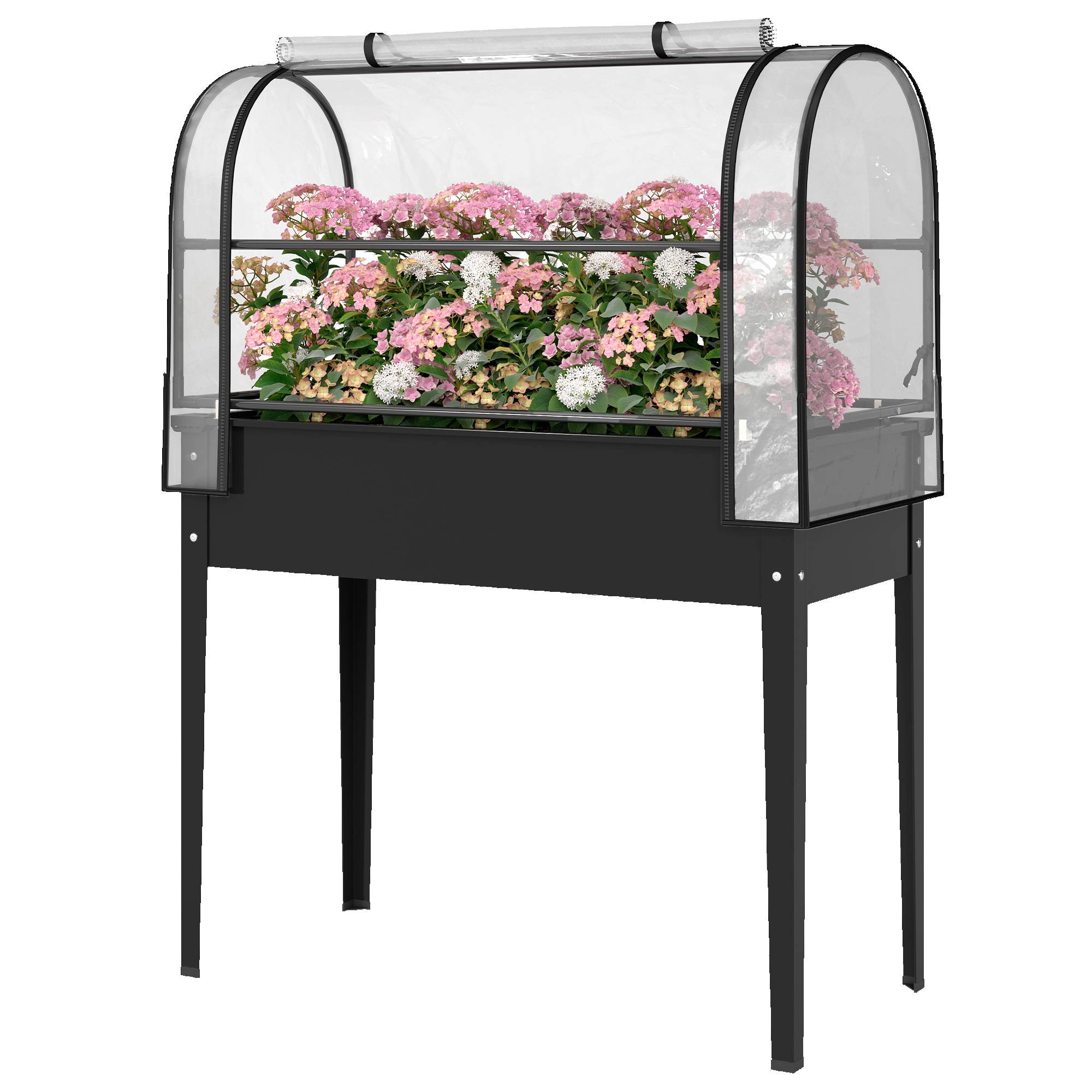 Potager sur Pieds avec Serre Rabattable, Jardinière Surélevée en Métal avec Trou de Drainage, 100 x 49 x 136 noir - Image 2