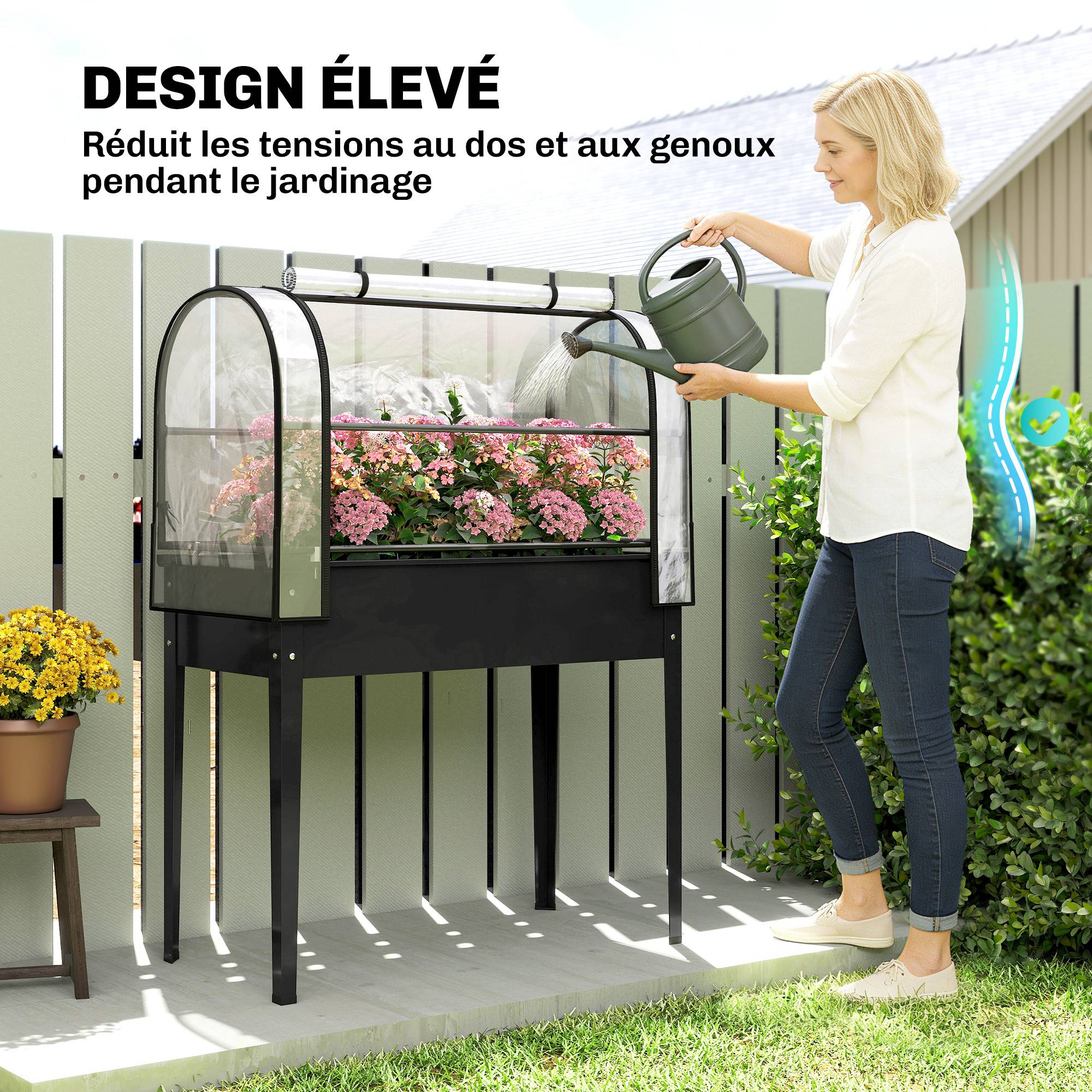Potager sur Pieds avec Serre Rabattable, Jardinière Surélevée en Métal avec Trou de Drainage, 100 x 49 x 136 noir - Image 9