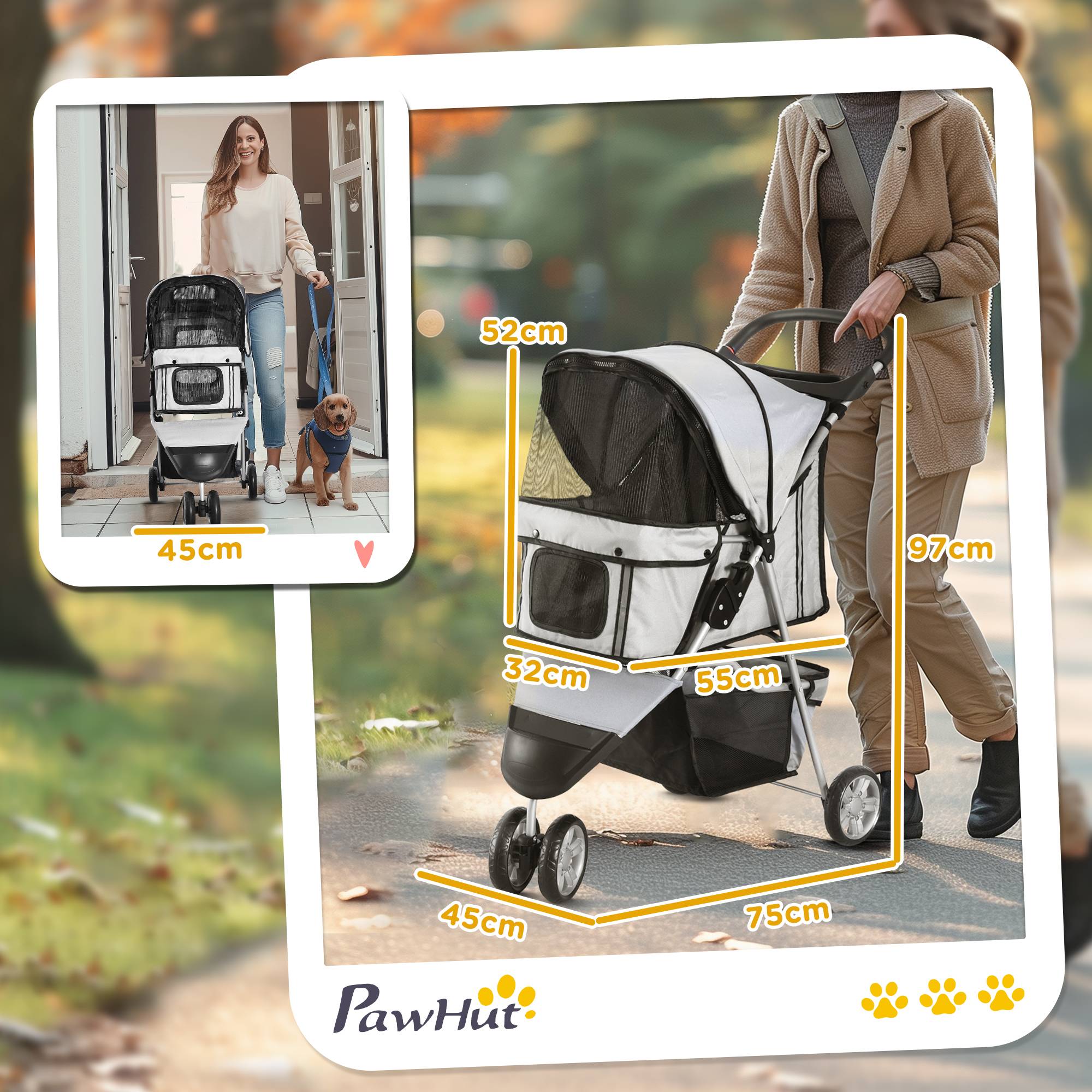 Poussette pour chien et chat, tissu Oxford, multicolore (gris), 75 x 45 x 97 cm - PANGIVO - Image 3