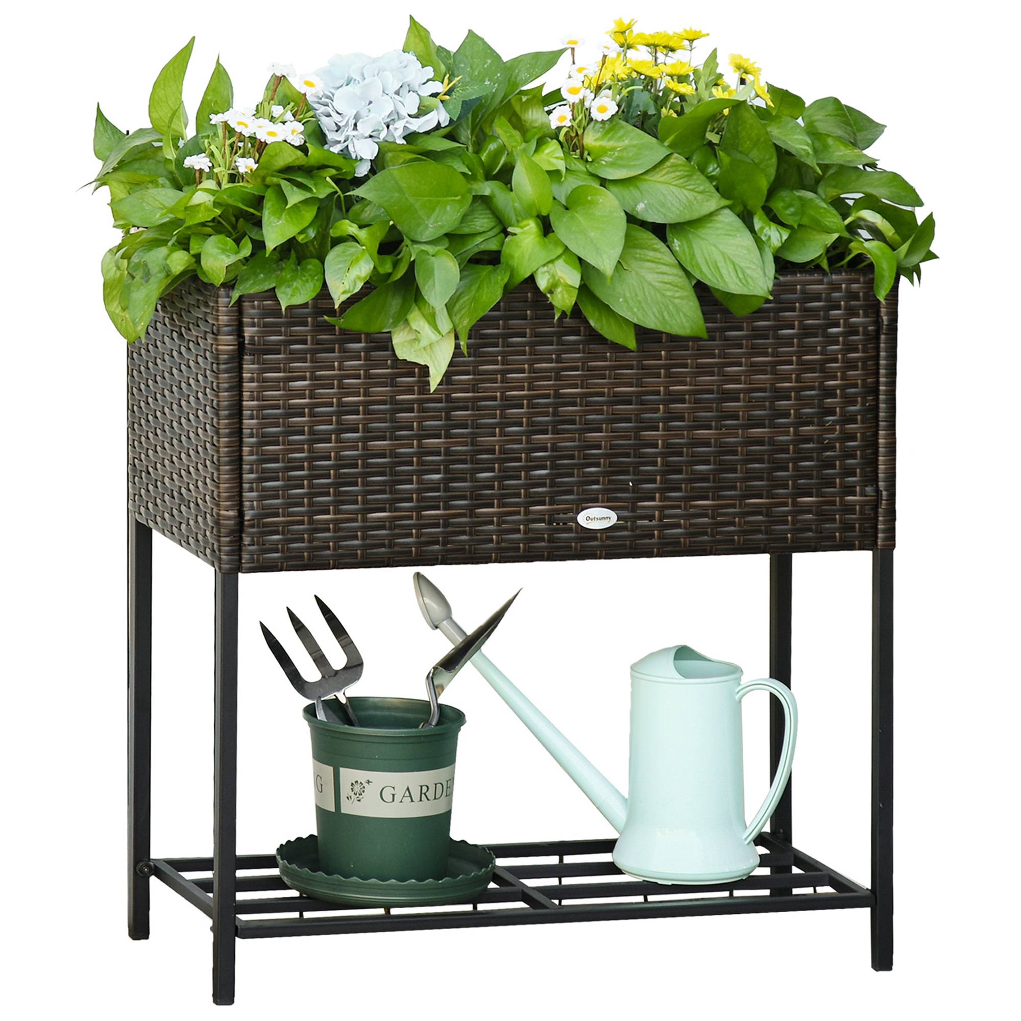 Jardinière surélevée, bac à fleurs, rangement profond, cadre métal/polyrotin, 70x30x70 cm, marron/noir - Image 2