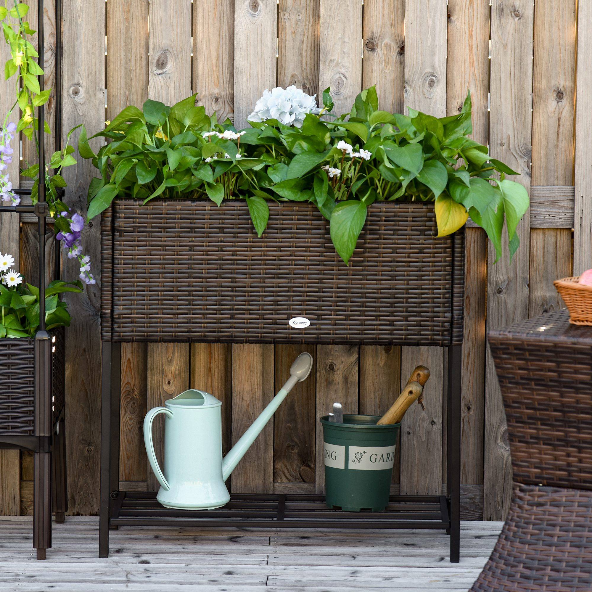 Jardinière surélevée, bac à fleurs, rangement profond, cadre métal/polyrotin, 70x30x70 cm, marron/noir - Image 3