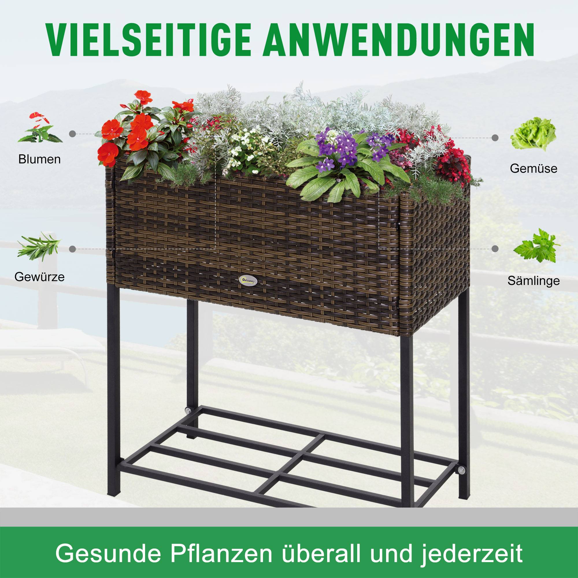 Jardinière surélevée, bac à fleurs, rangement profond, cadre métal/polyrotin, 70x30x70 cm, marron/noir - Image 6