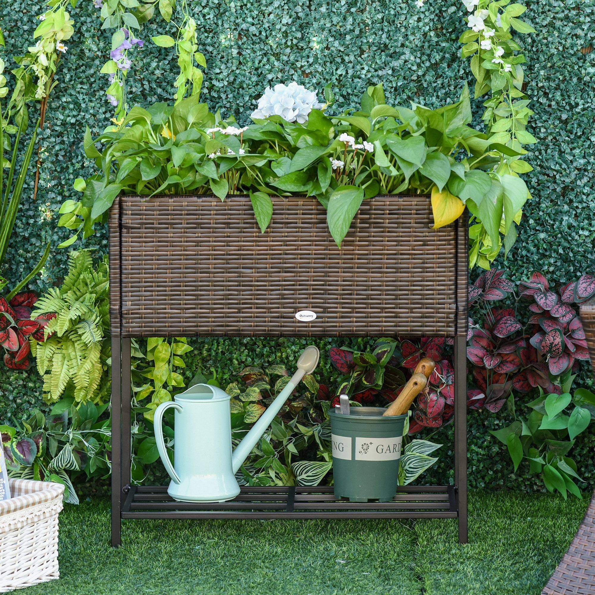 Jardinière surélevée, bac à fleurs, rangement profond, cadre métal/polyrotin, 70x30x70 cm, marron/noir - Image 4
