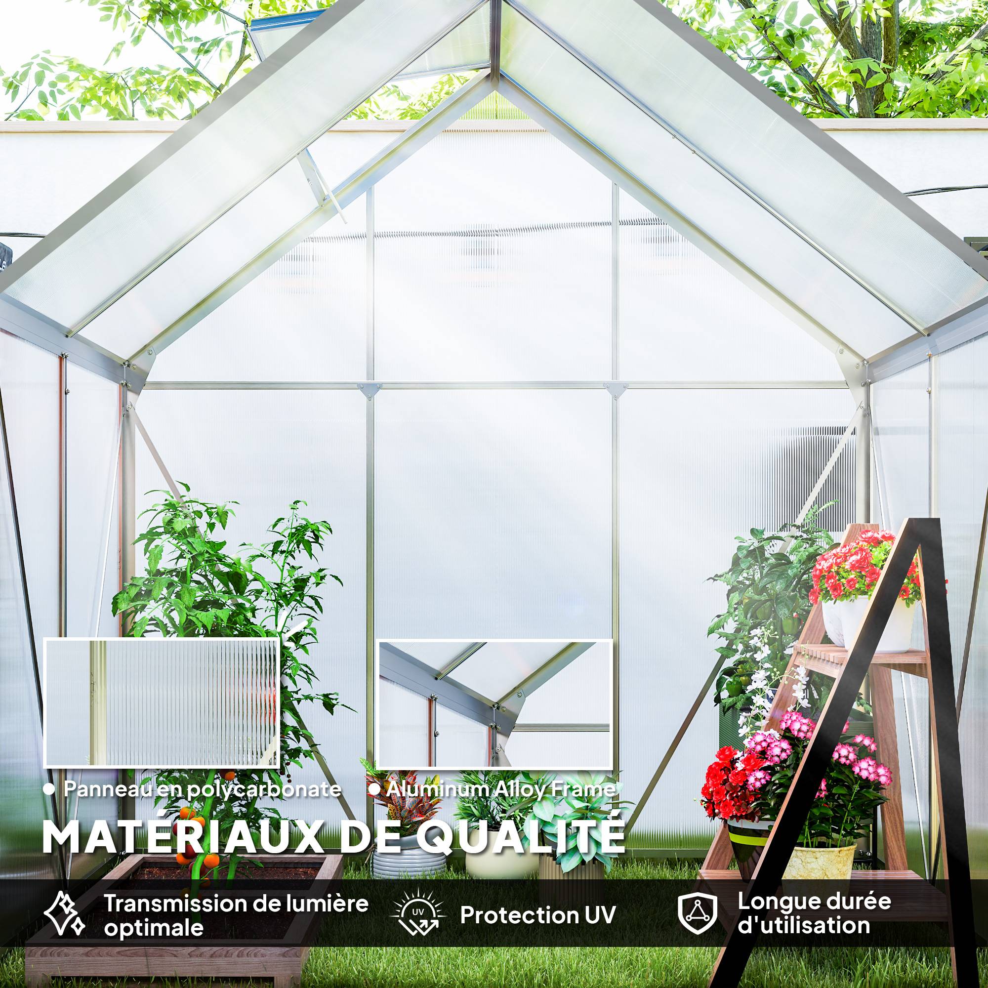 Serre jardin aluminium polycarbonate culture porte coulissante 192x131x200cm transparent - ComfortXL Outdoor Living - Image 6
