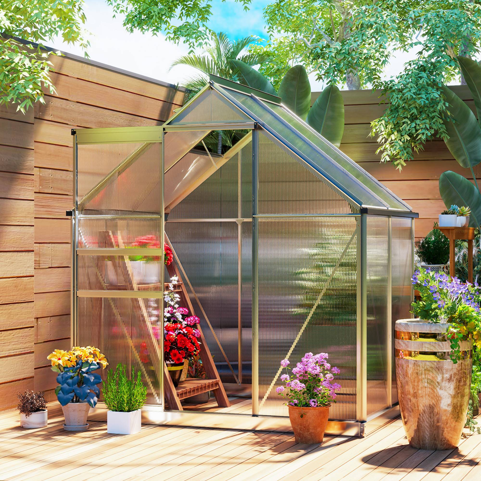 Serre jardin aluminium polycarbonate culture porte coulissante 192x131x200cm transparent - ComfortXL Outdoor Living - Image 3