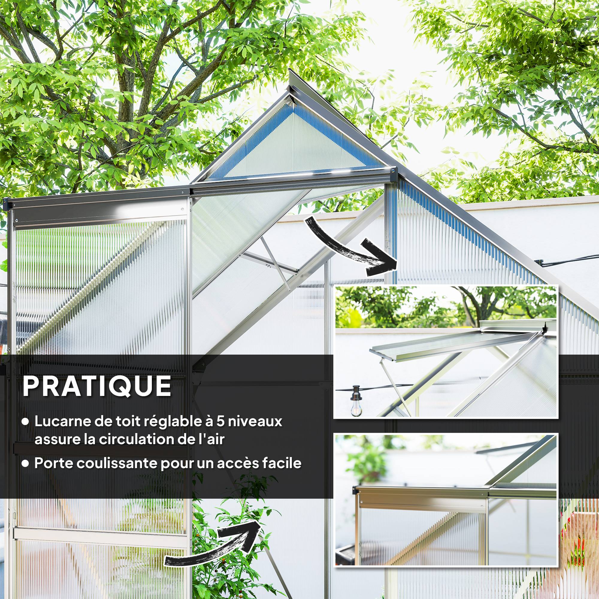 Serre jardin aluminium polycarbonate culture porte coulissante 192x131x200cm transparent - ComfortXL Outdoor Living - Image 7