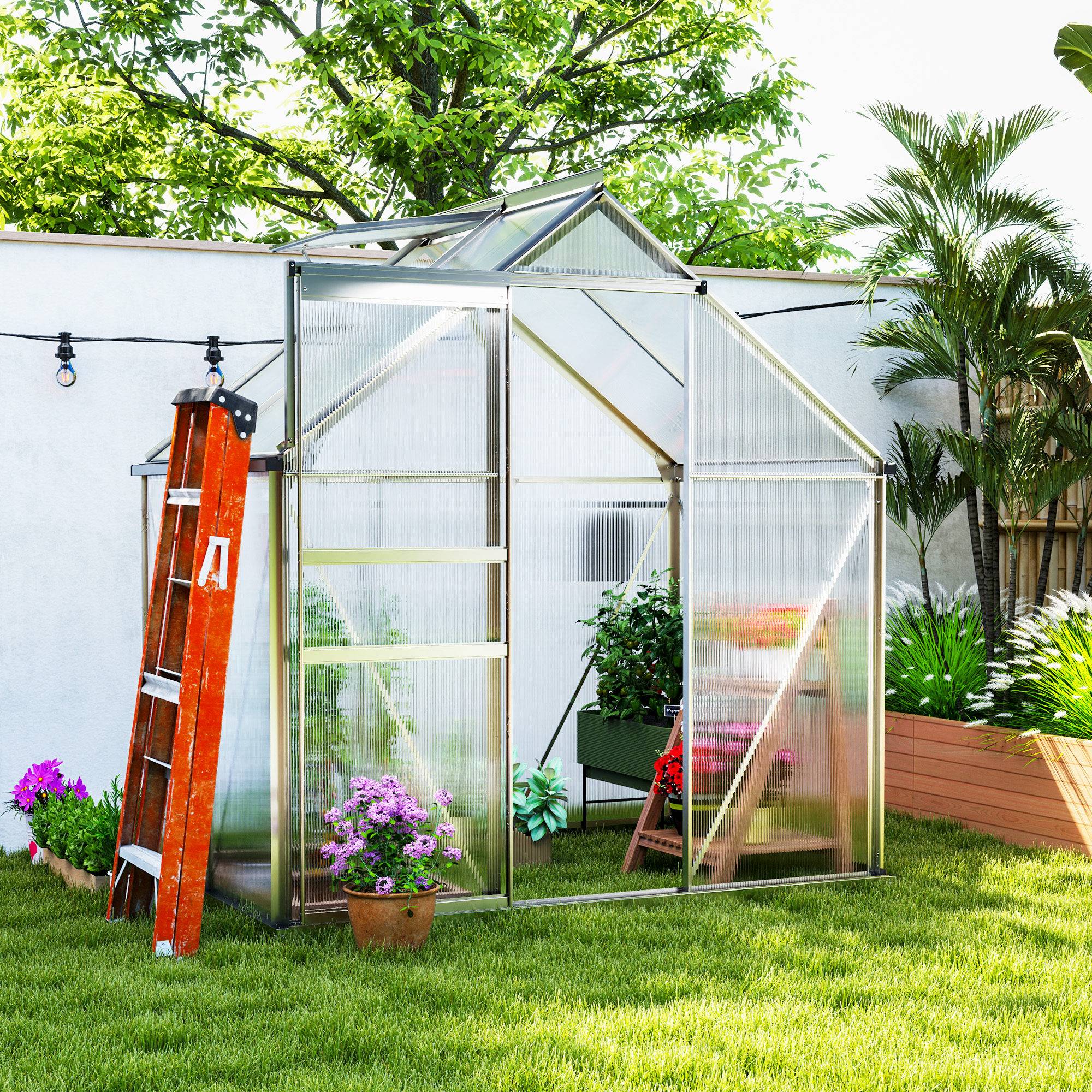 Serre jardin aluminium polycarbonate culture porte coulissante 192x131x200cm transparent - ComfortXL Outdoor Living - Image 4