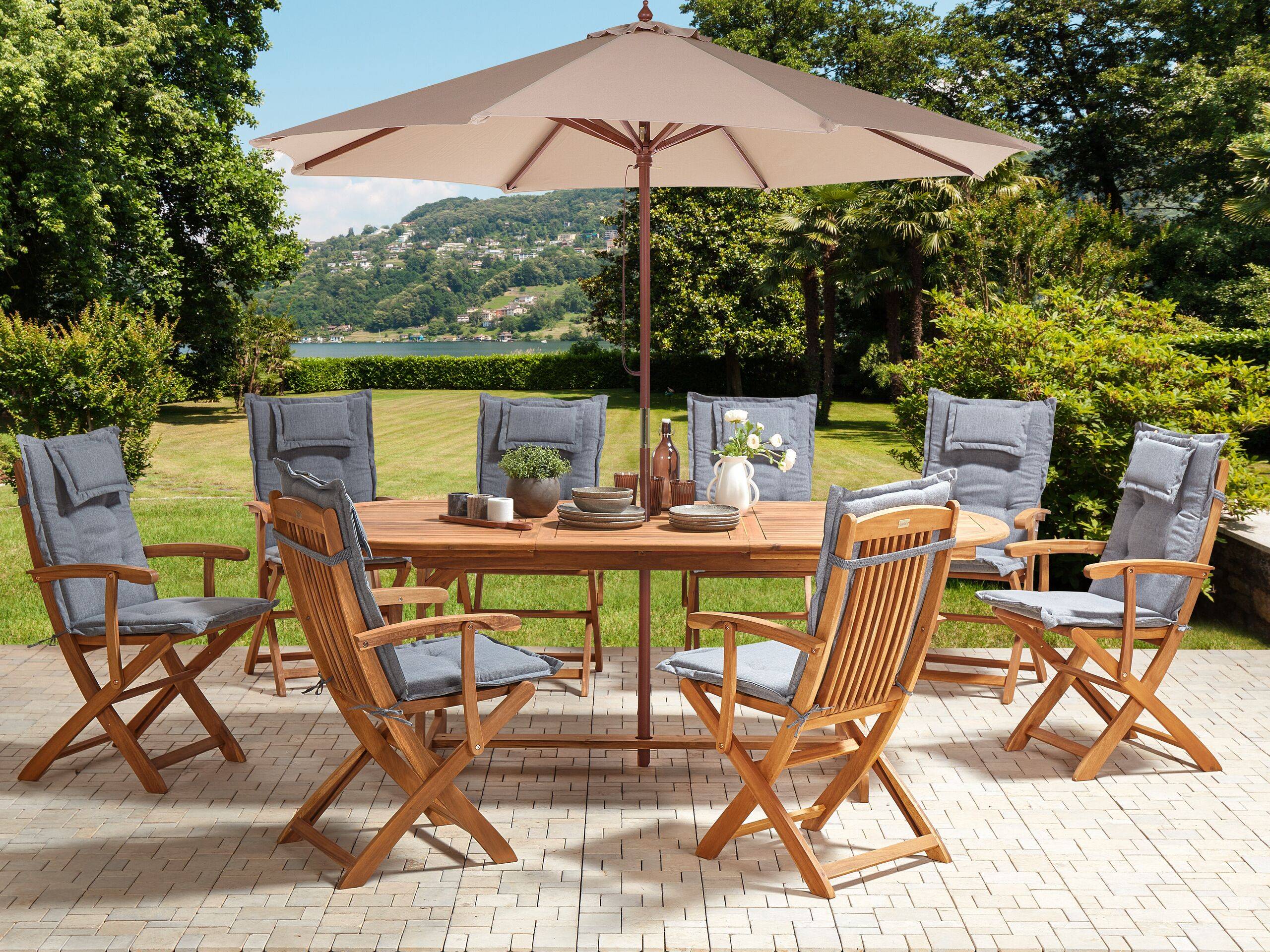 Beliani - Ensemble de Jardin avec Coussins Gris en Bois d'Acacia Table et Chaises et Parasol 8 Places Style Rustique - Image 2