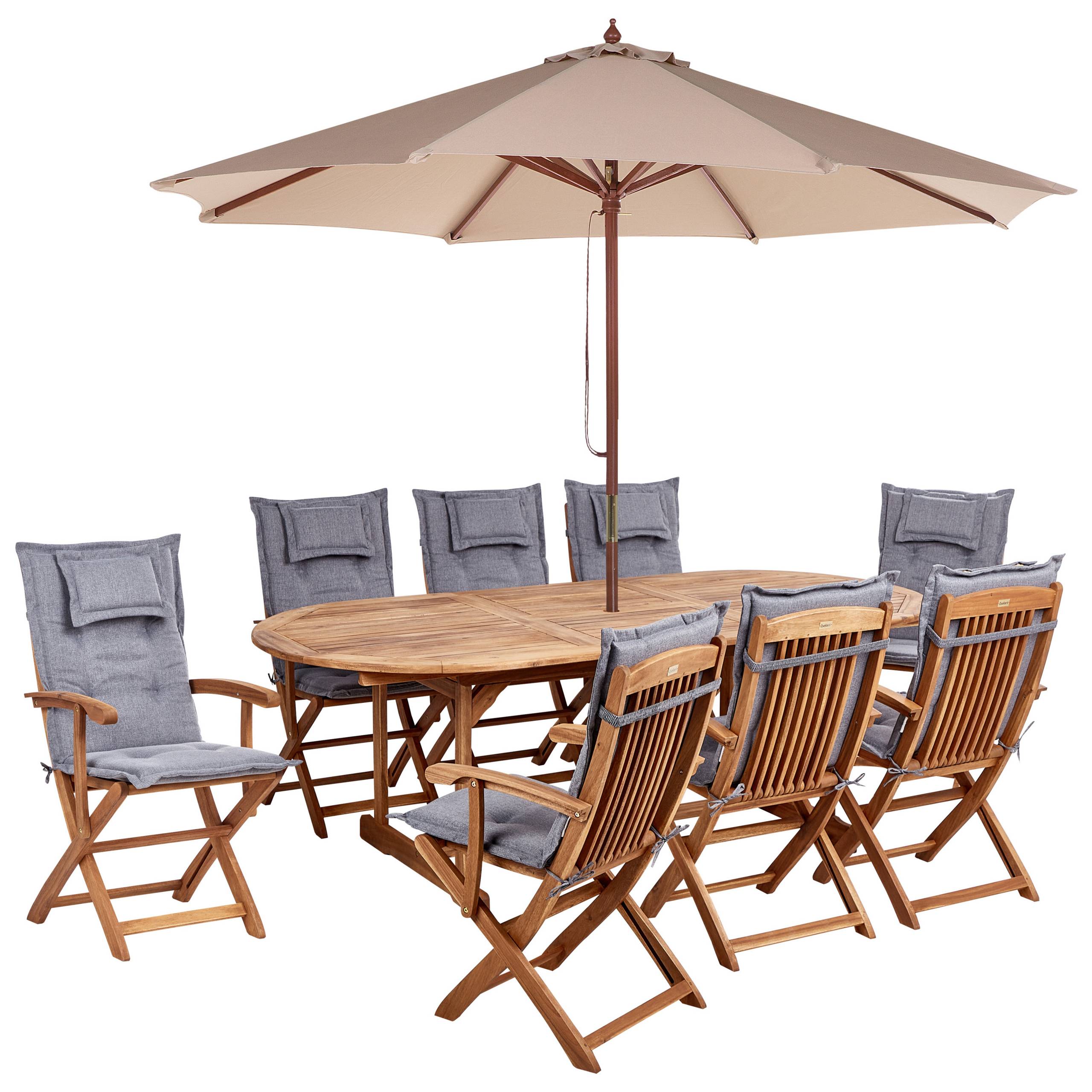 Beliani - Ensemble de Jardin avec Coussins Gris en Bois d'Acacia Table et Chaises et Parasol 8 Places Style Rustique - Image 1