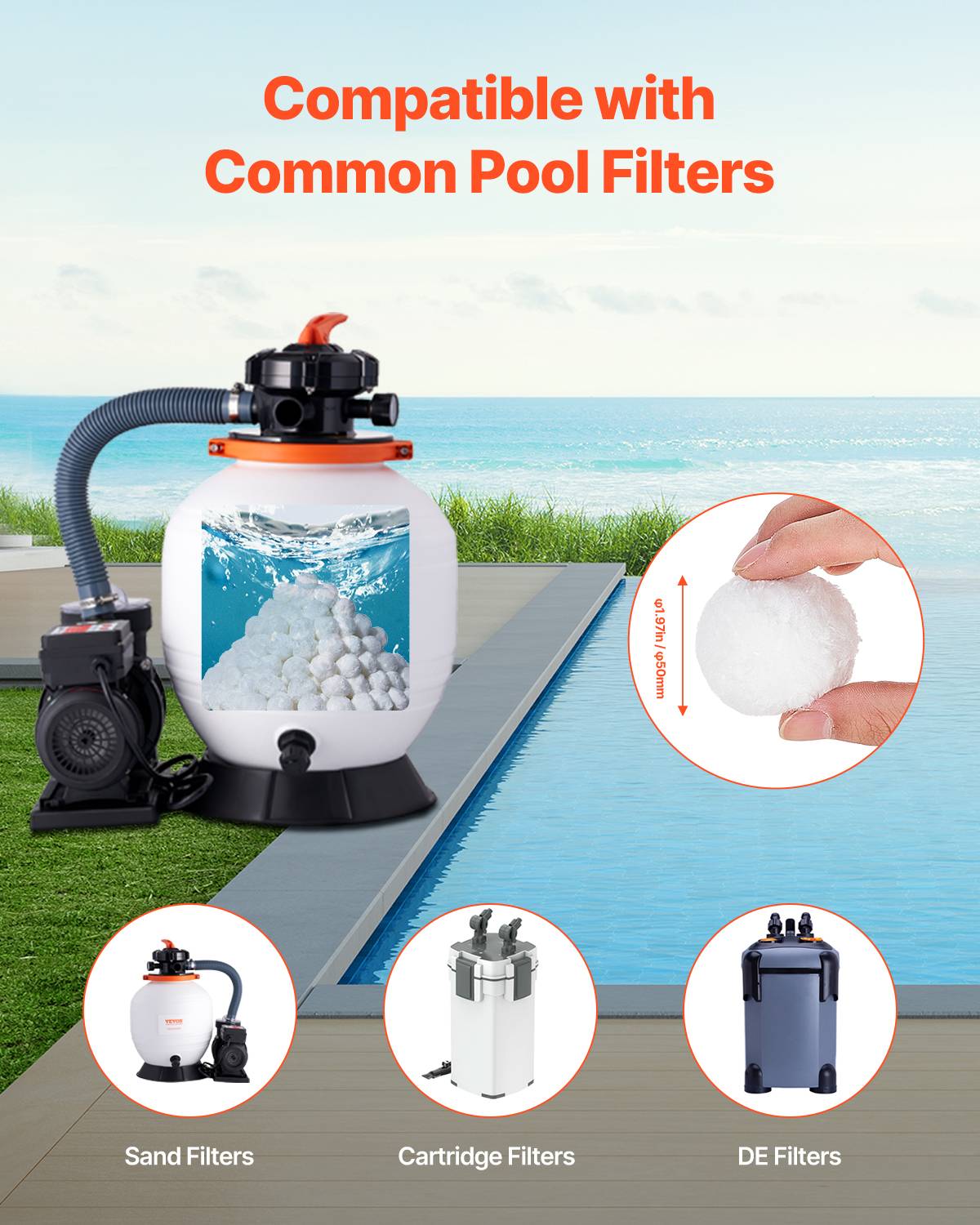Vevor - VEVOR Boules filtrantes piscine 1,56 kg, fibres polyester réutilisables, pour filtre à sable, cartouche et DE, avec sac filet de lavage. - Image 7