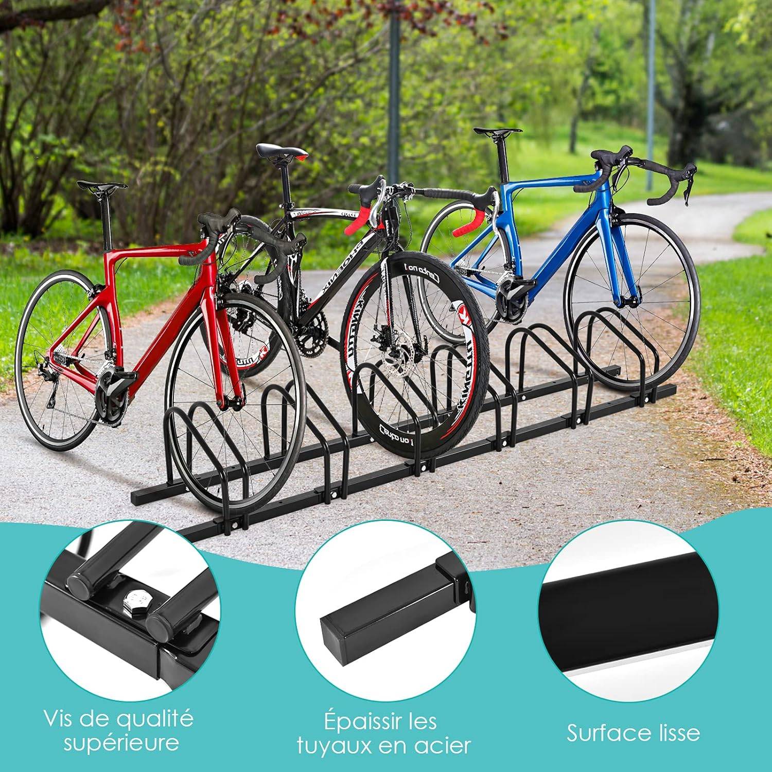 Râtelier 6 Vélos en Acier Fixation au Sol ou Mur 180x32.5x26CM Résistant aux Intempéries Noir - Image 1