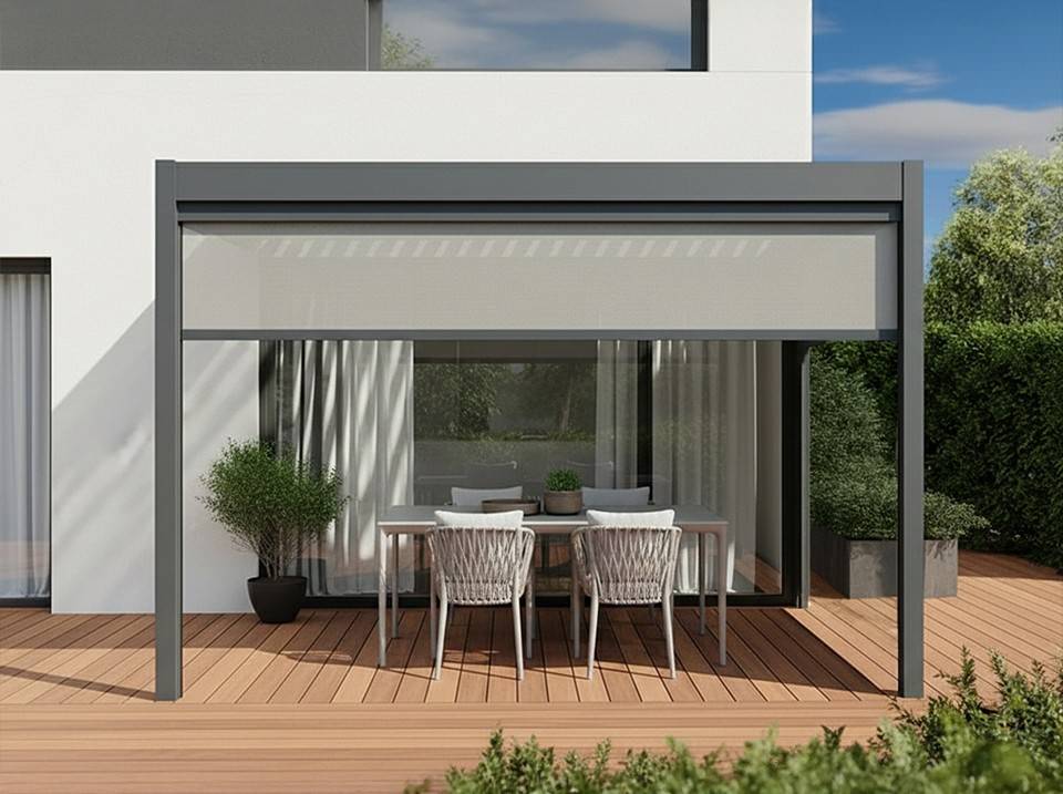Pergola bioclimatique 3x4 m adossée alu + stores + lames acier orientables – Direct Abris - Image 4