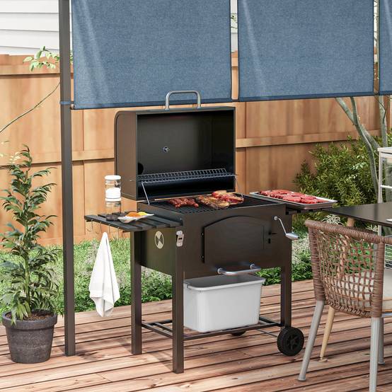 Barbecue charbon fumoir métal jardin terrasse grille réglable 124x66x112cm noir - ComfortXL Outdoor Living - Image 1