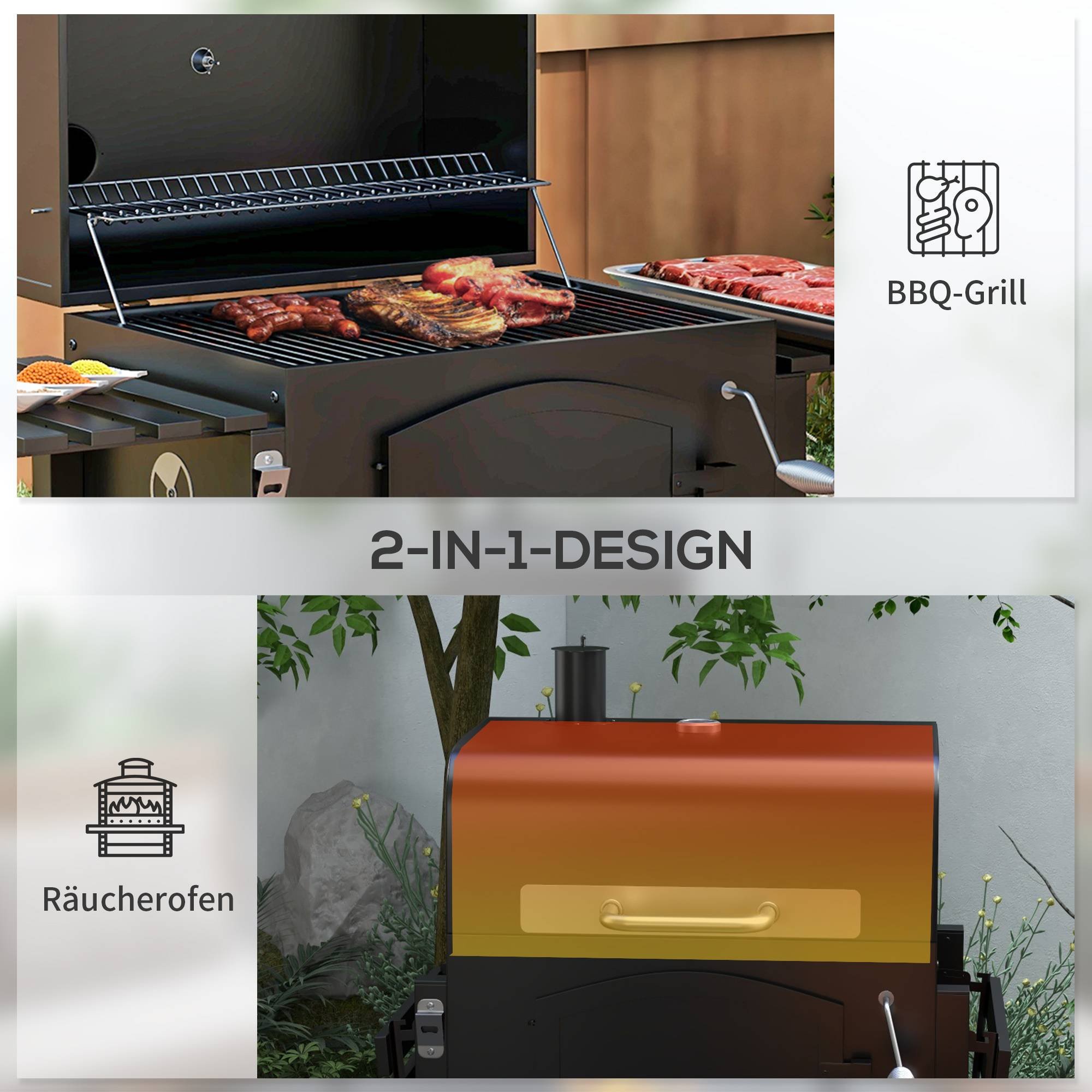 Barbecue charbon fumoir métal jardin terrasse grille réglable 124x66x112cm noir - ComfortXL Outdoor Living - Image 4