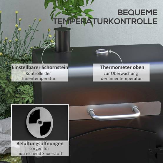 Barbecue charbon fumoir métal jardin terrasse grille réglable 124x66x112cm noir - ComfortXL Outdoor Living - Image 5
